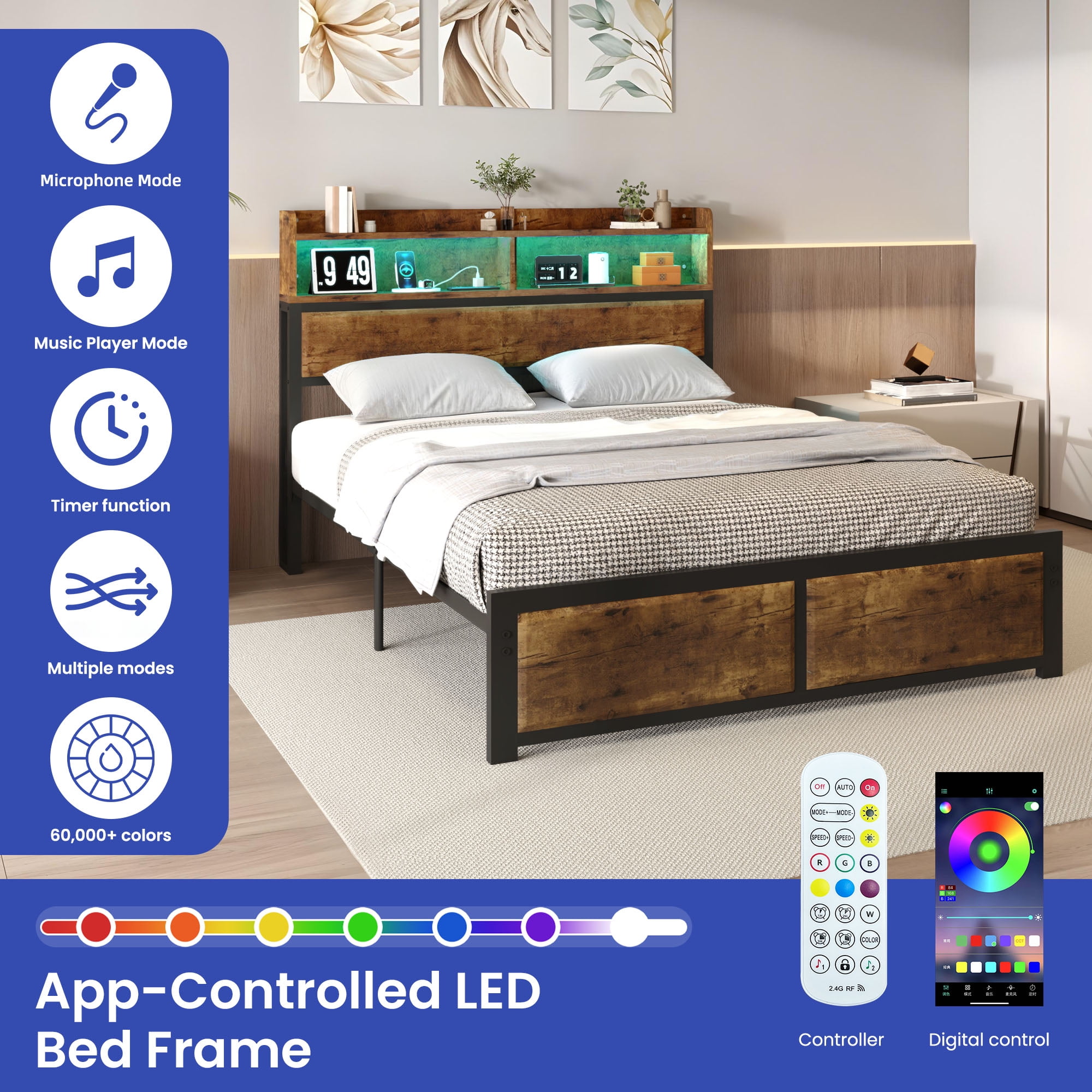 Uforic Full Size Bed Frame, LED Bed Frame with Storage Headboard, Platform Bed with Outlet & USB Ports, Easy Assembly, Rustic Brown - Image 4