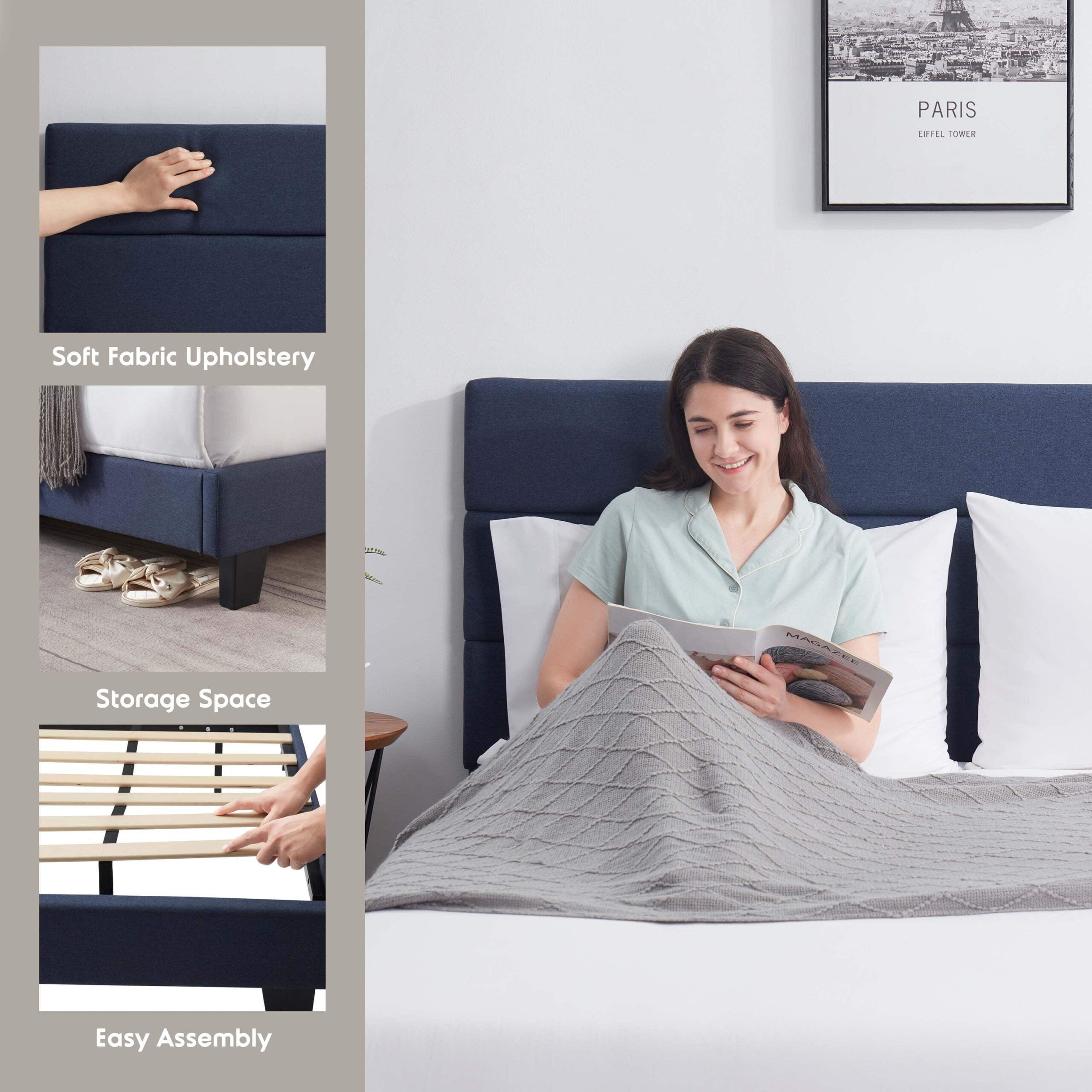 Lammaloe King Size Platform Bed Frame with Horizontal Channel Upholstered Headboard, Navy, King - Image 7