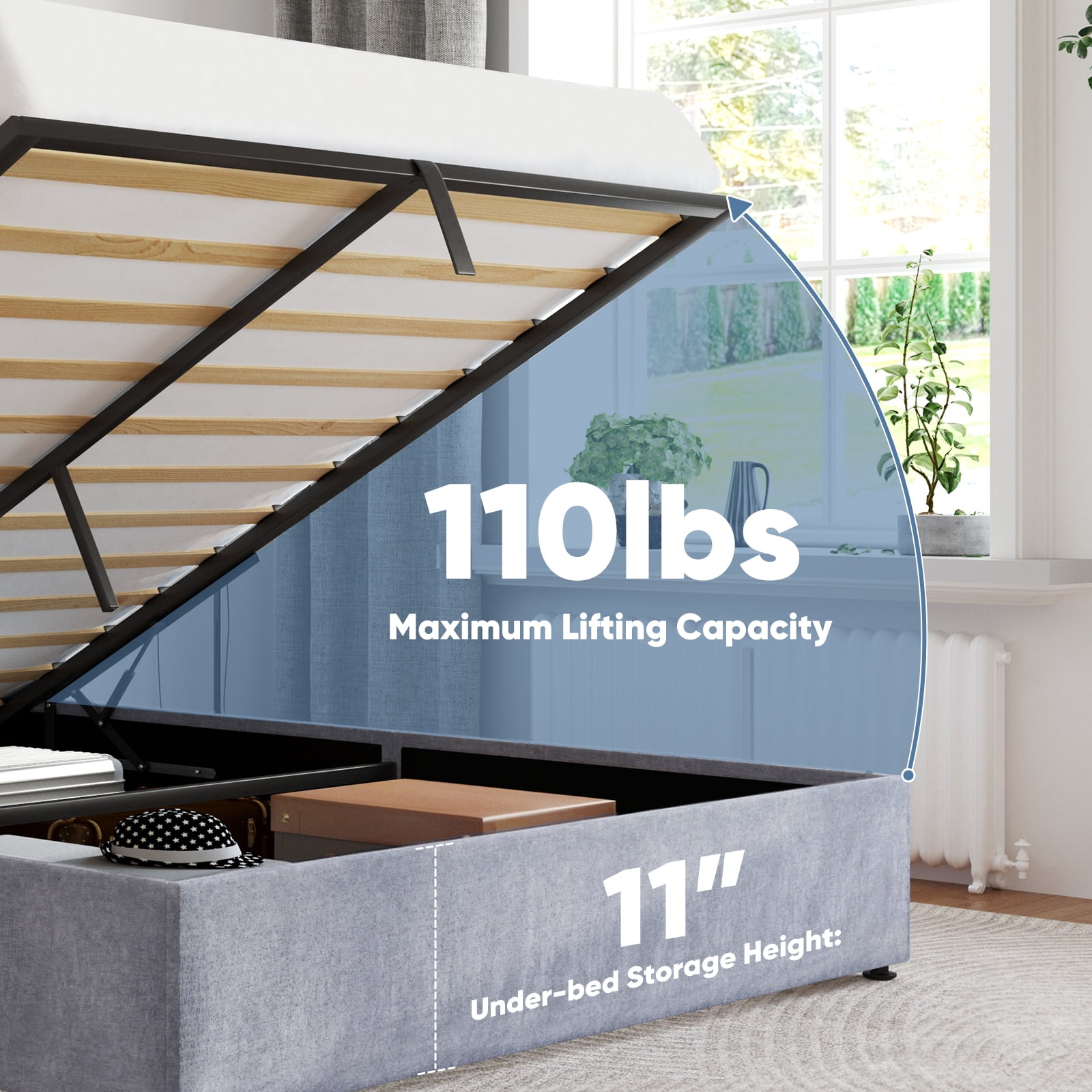 Gianna Queen Size Lift Up Storage Bed with Hydraulic Support, Wingback Velvet Upholstered Headboard, No Box Spring Needed, Grey - Image 3