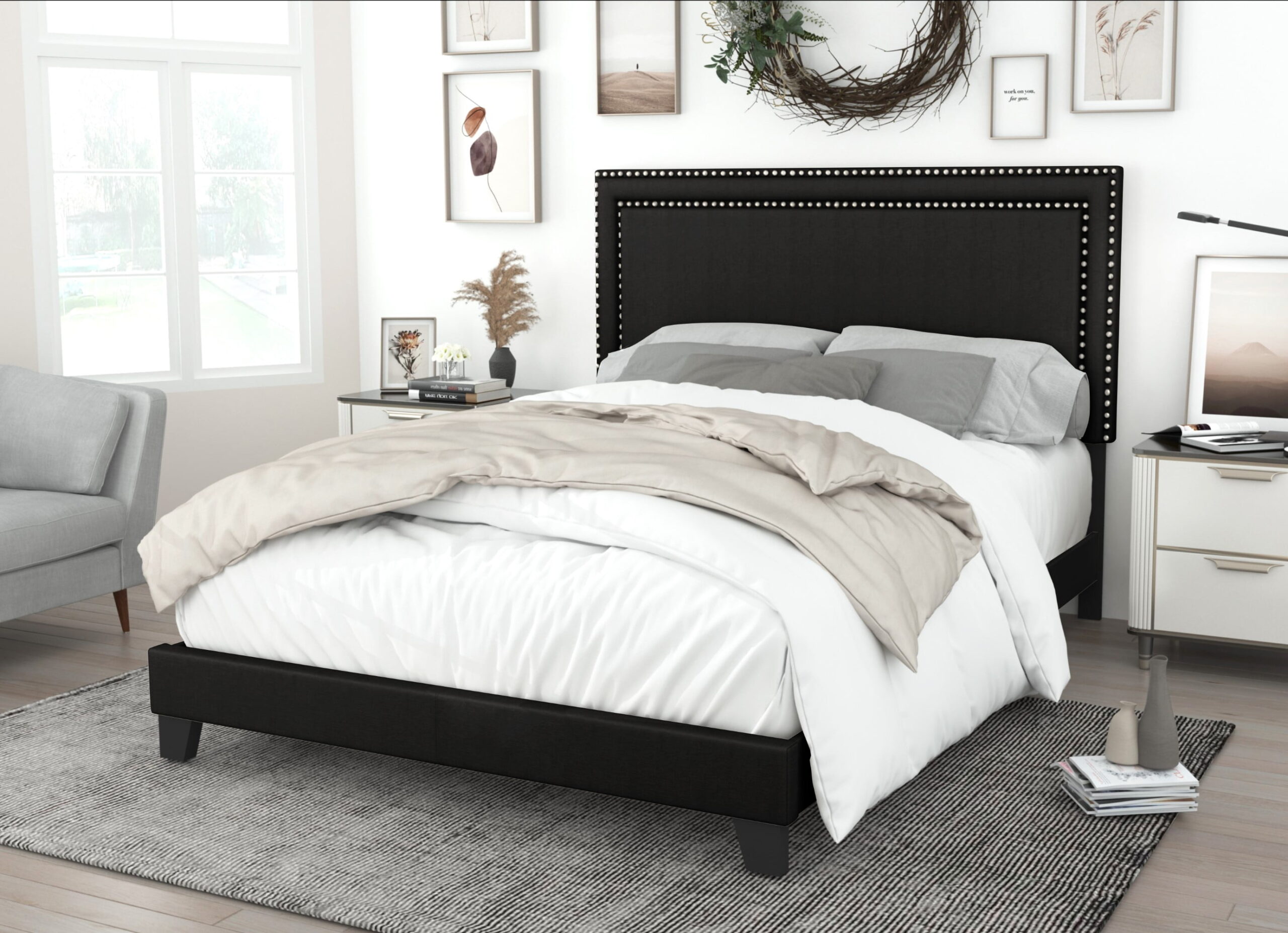 Home Design Ocala Full Upholstered Panel Bed Frame with Padded Headboard and Sturdy Support, Black, Easy Assembly - Image 2