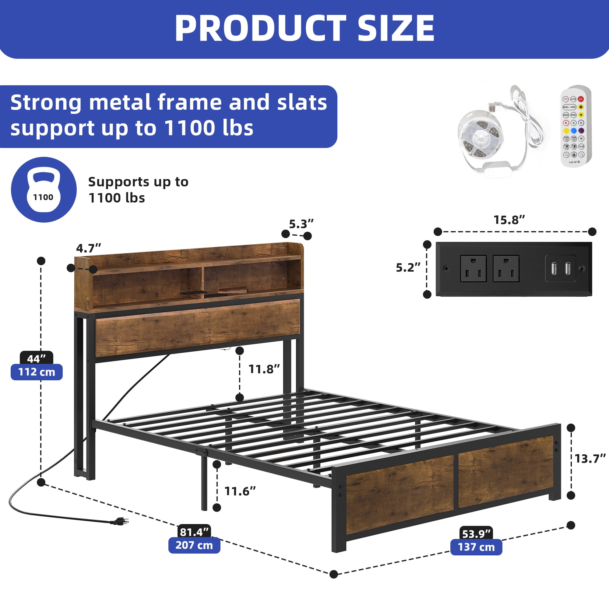 Uforic Full Size Bed Frame, LED Bed Frame with Storage Headboard, Platform Bed with Outlet & USB Ports, Easy Assembly, Rustic Brown - Image 6