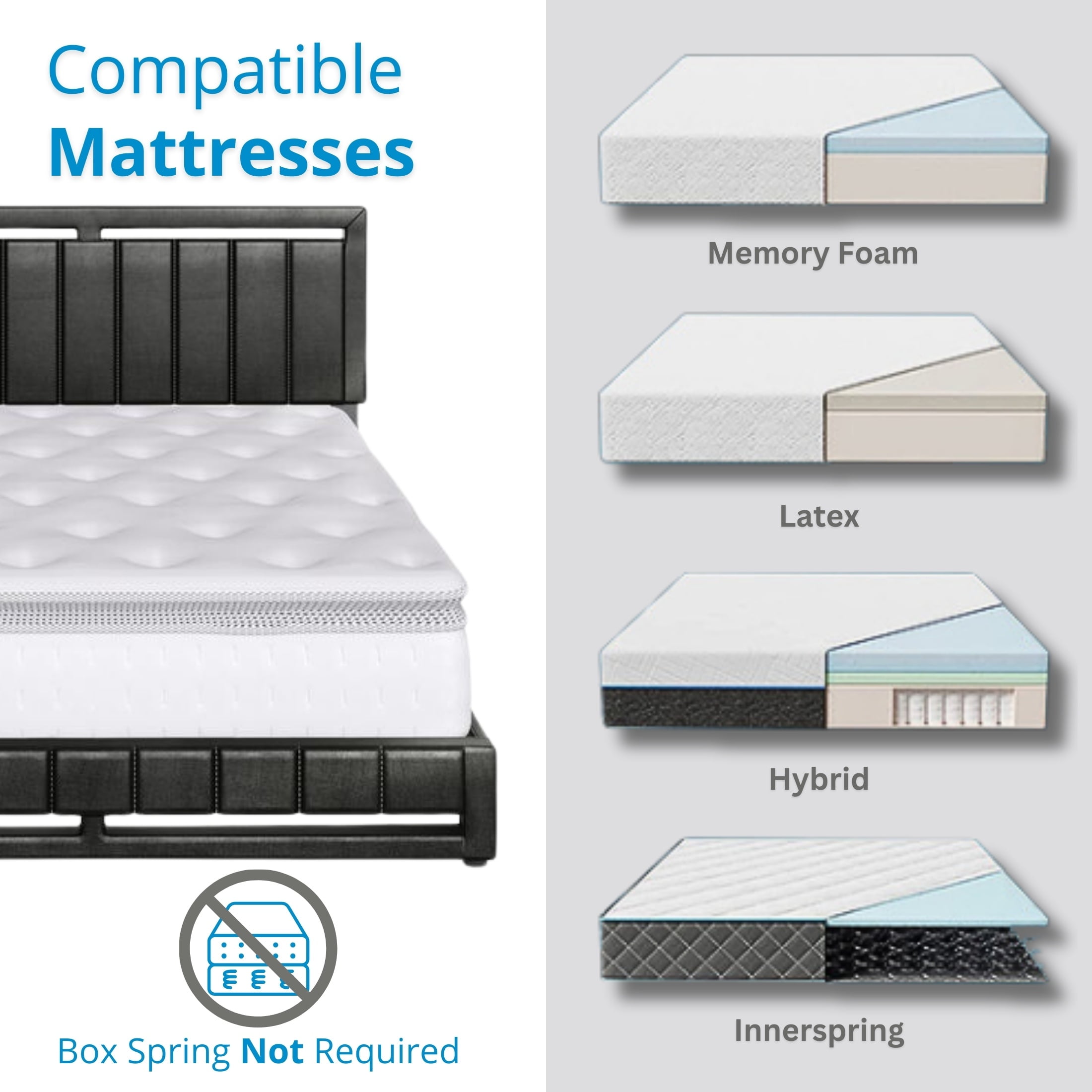 Boyd Sleep Beaumont Black Faux Leather Queen Size Fully Upholstered Platform Bed Frame with Adjustable Headboard - Image 2