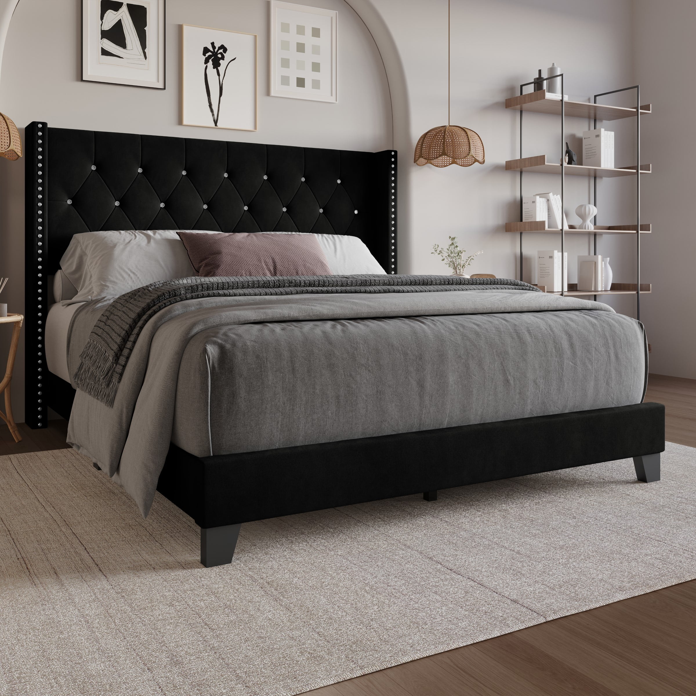 Home Design Monroe Queen Tufted Upholstered Wingback Panel Bed Frame with Diamond Tufting and Nailhead Trim for Adult Bedroom, Black - Image 2