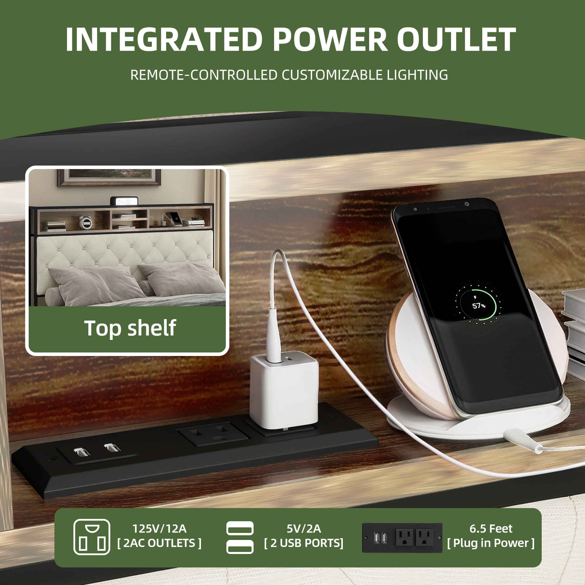 Dextrus Queen Size Bedroom Platform Bed with Storage & Charging Headboard for Adults & Teens, Beige - Image 3