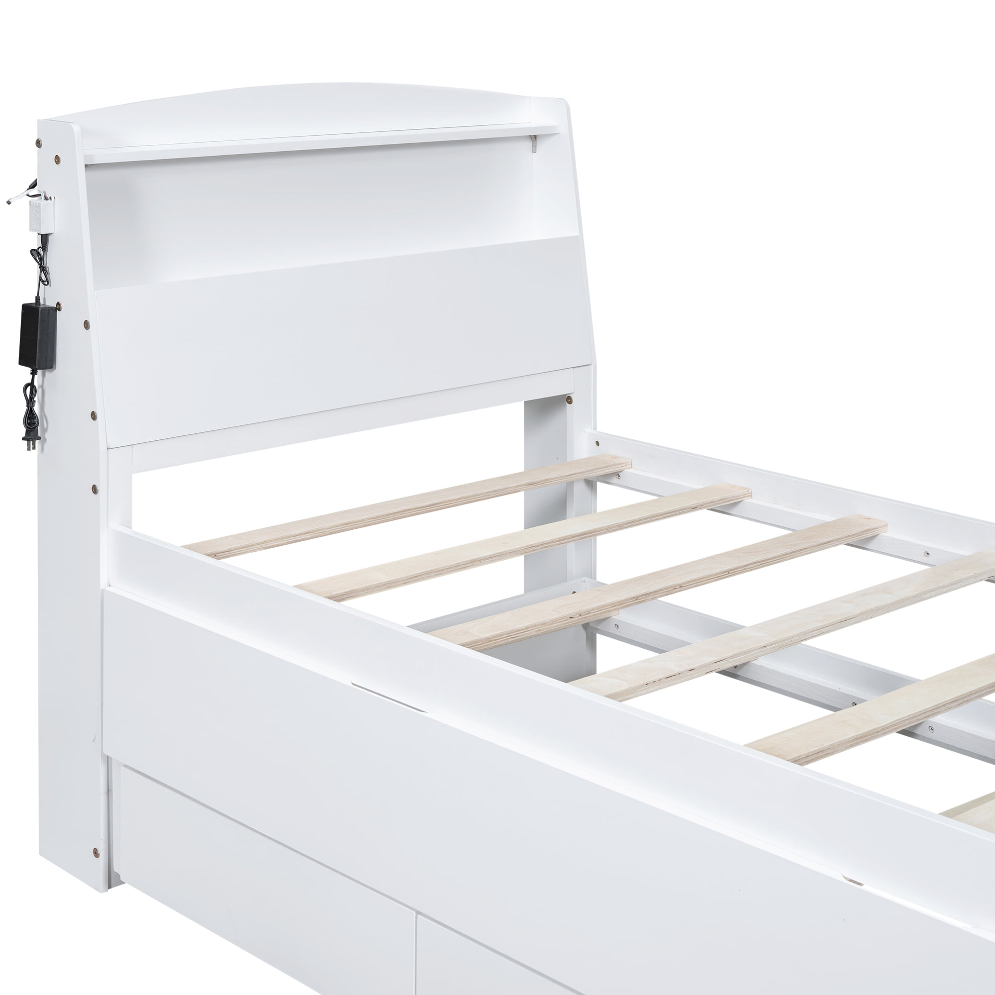 Euroco Wood Twin Size Platform Bed with Storage Headboard, Drawers Trundle and LED Light, White - Image 6