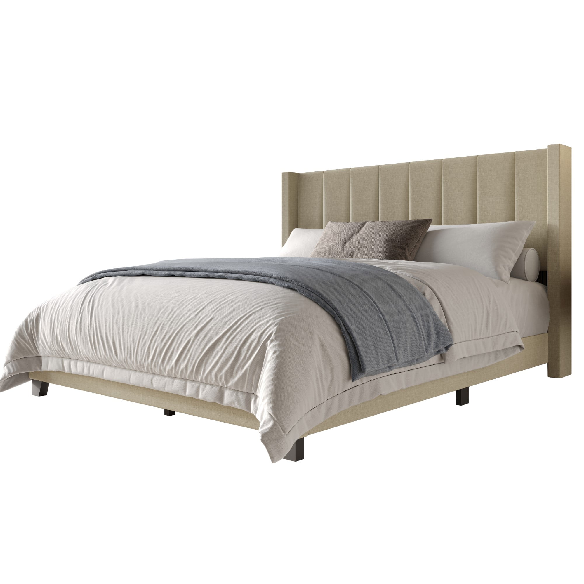 Home Design Saco King Upholstered Platform Bed Frame For Adult, Dark Beige, Easy Assembly - Image 4