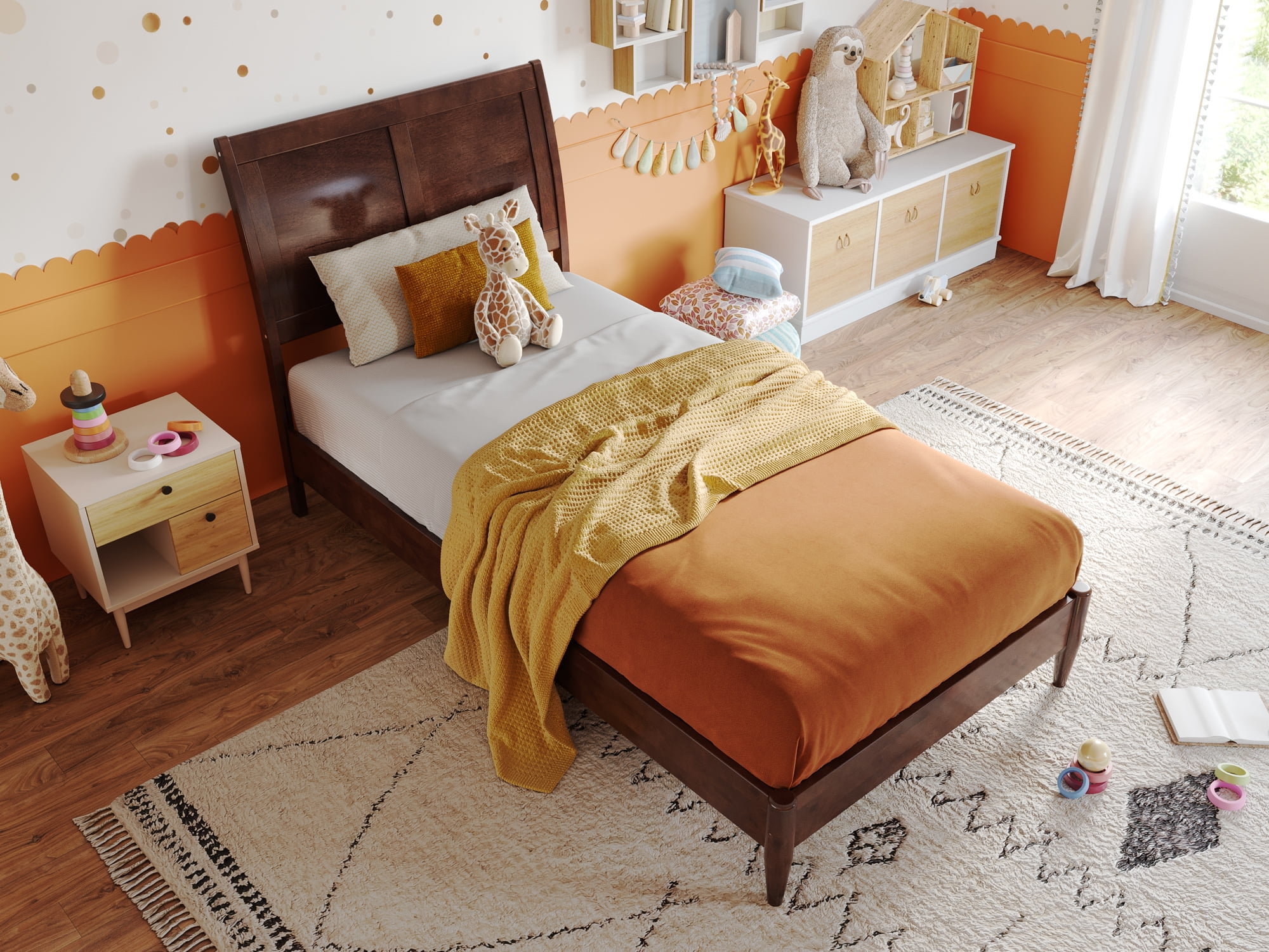 AFI Valencia Twin Solid Wood Low Profile Sleigh Platform Bed, Walnut - Image 3