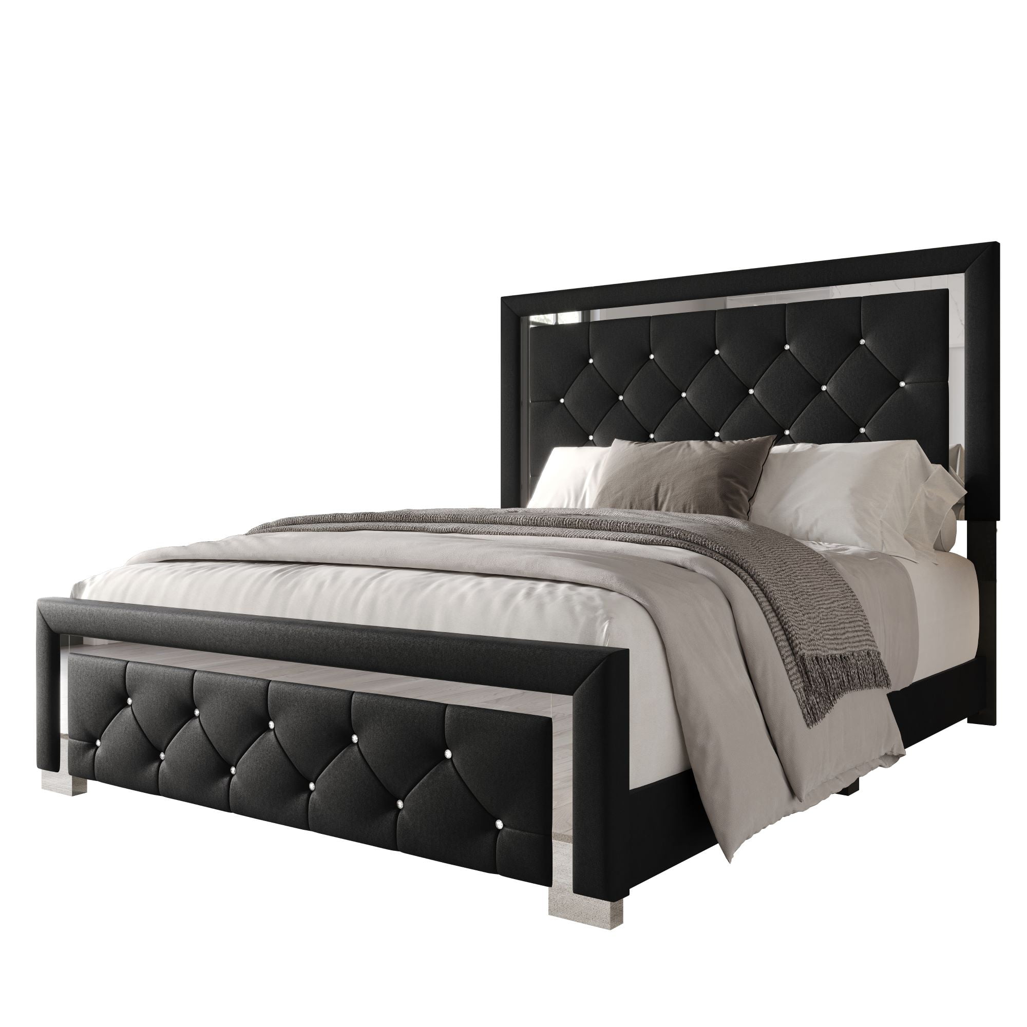 Home Design Toccoa Queen Upholstered Panel Bed Frame with Diamond Button-Tufted Headboard and Silver Metal Accents, Black, Easy Assembly - Image 4