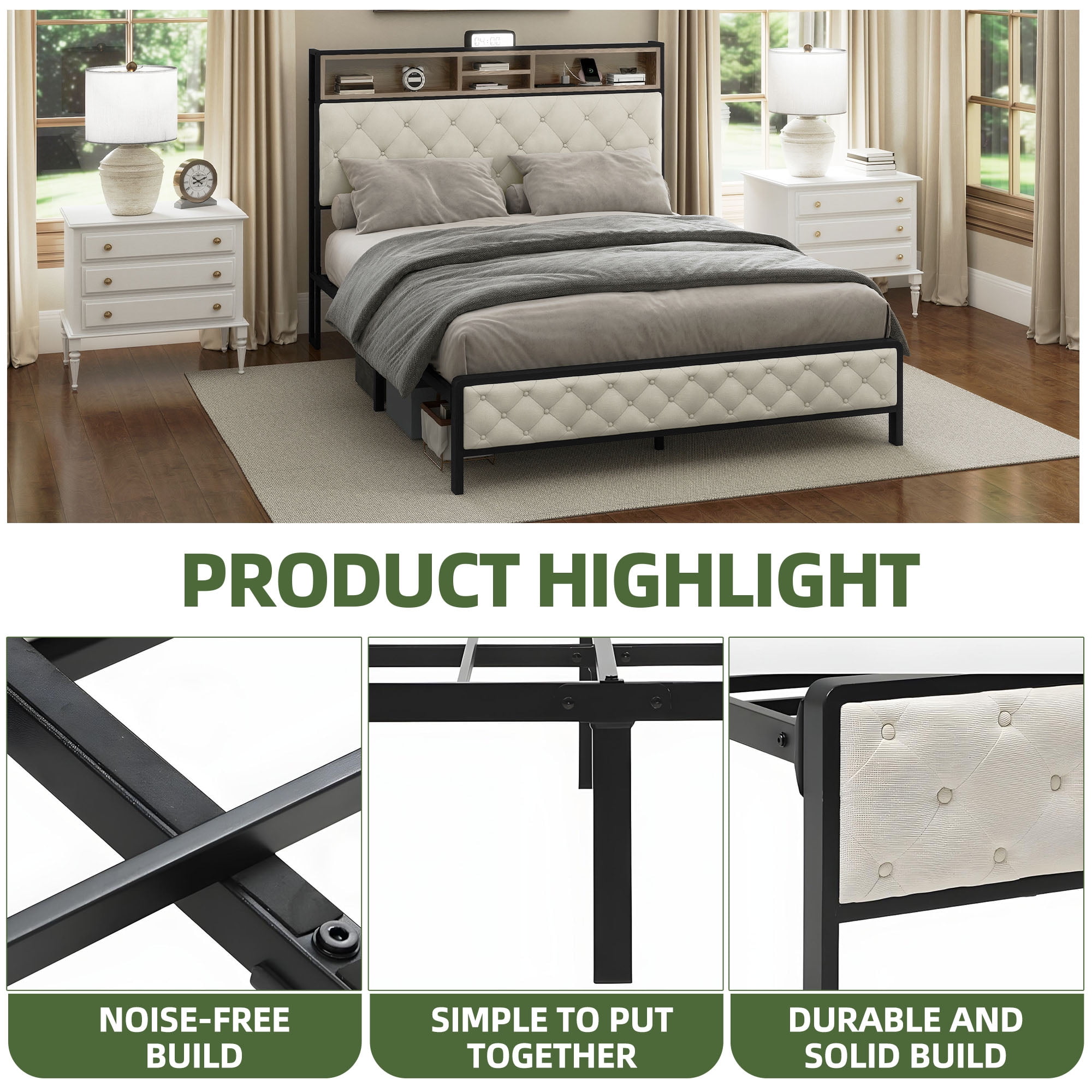 Dextrus Queen Size Bedroom Platform Bed with Storage & Charging Headboard for Adults & Teens, Beige - Image 4