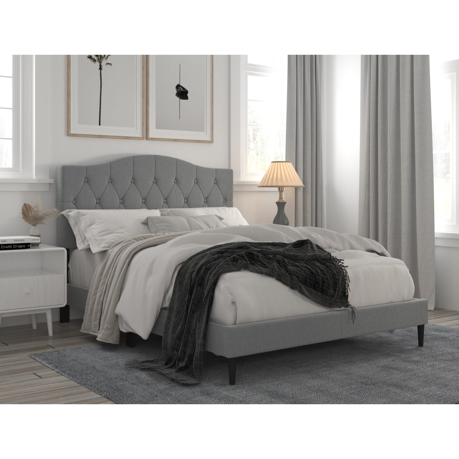 Home Design Mason King Upholstered Platform Bed with Button Tufted, Bed Frame with Curved Headboard for Adult, Gray, Easy Assembly - Image 3