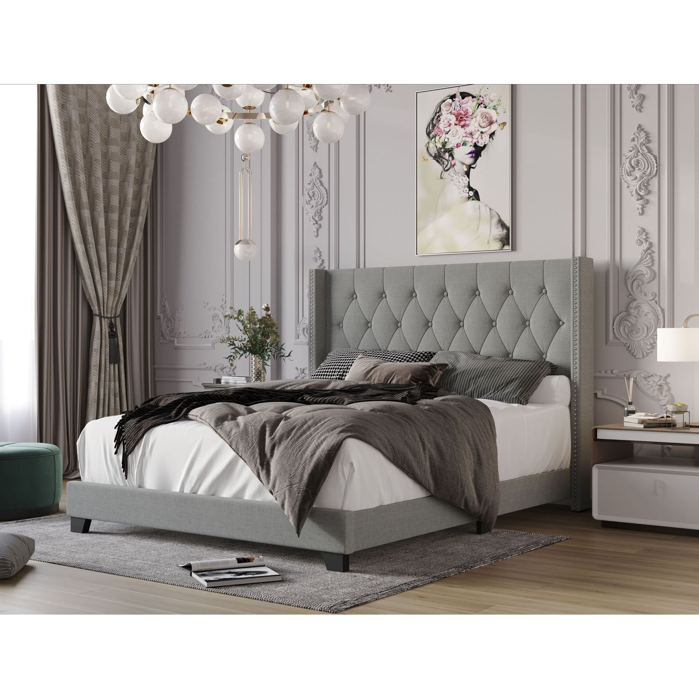 Home Design Brady Queen Tufted Wingback Upholstered Panel Bed Frame, Silver Gray-Velvet (Diamond) - Image 3