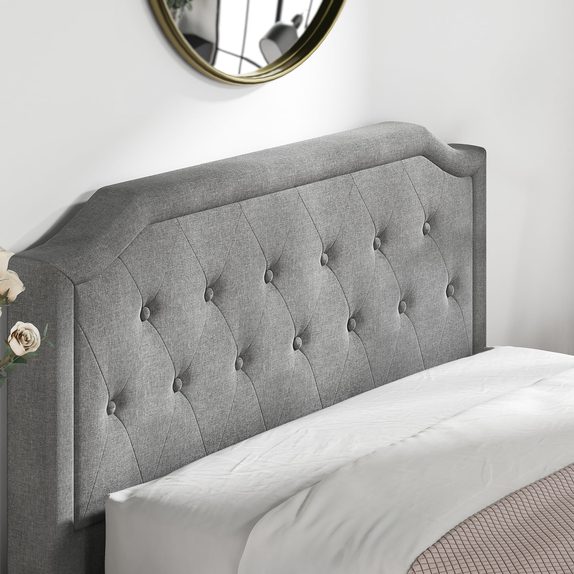 Zinus Kellen 42" Upholstered Scalloped Platform Bed Frame, King, Gray - Image 3