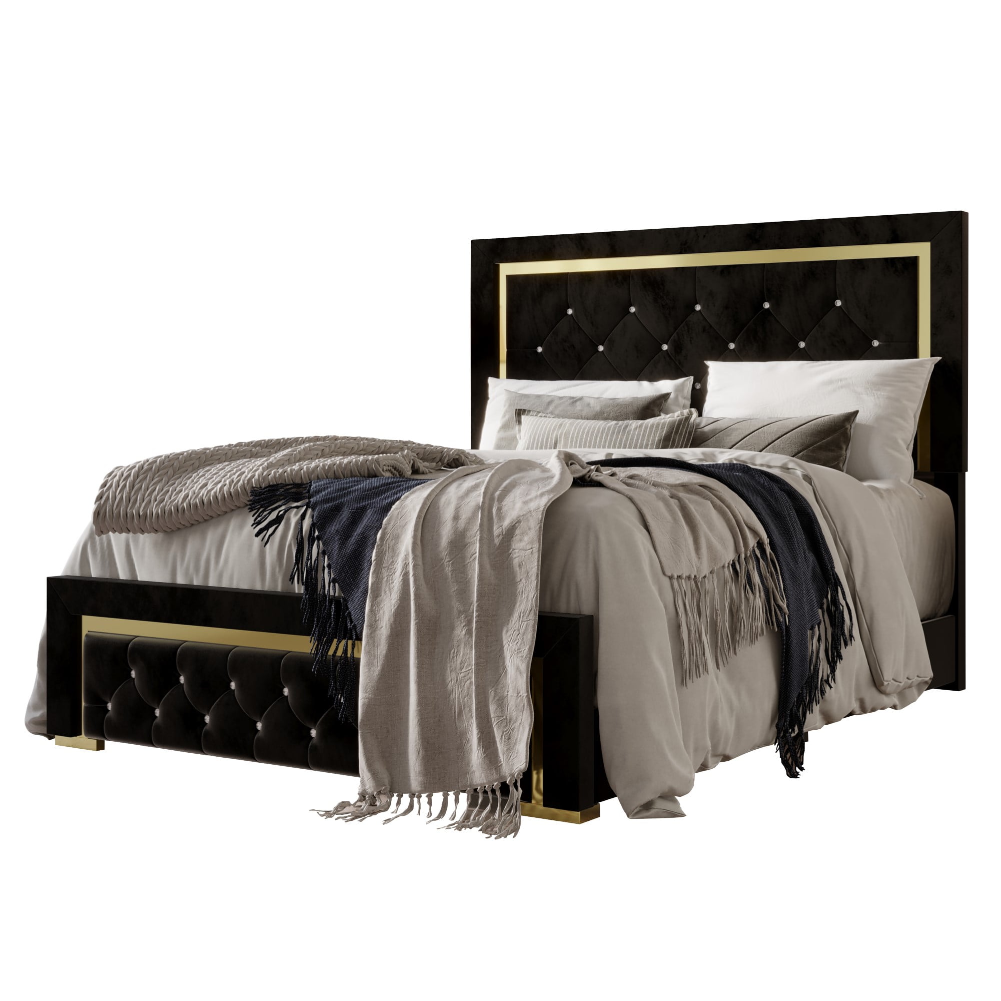 Home Design Deena Queen Upholstered Panel Bed Frame with Diamond Tufting and Gold Legs, Black, Easy Assembly - Image 4