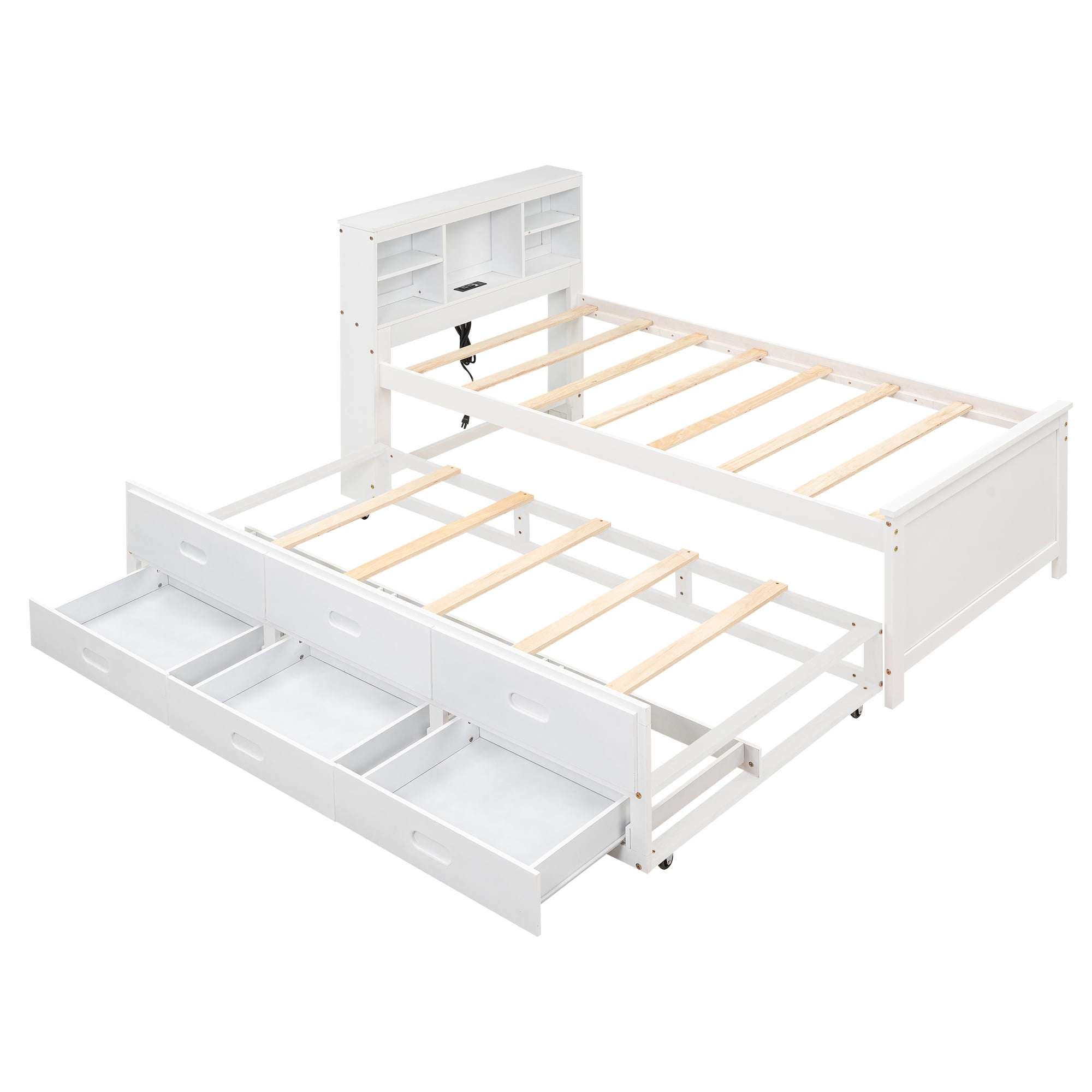 Euroco Wood Twin Size Platform Bed with Storage Headboard, Trundle Bed and 3 Drawers, USB Charging and Shleves for Kids Teens, White - Image 5