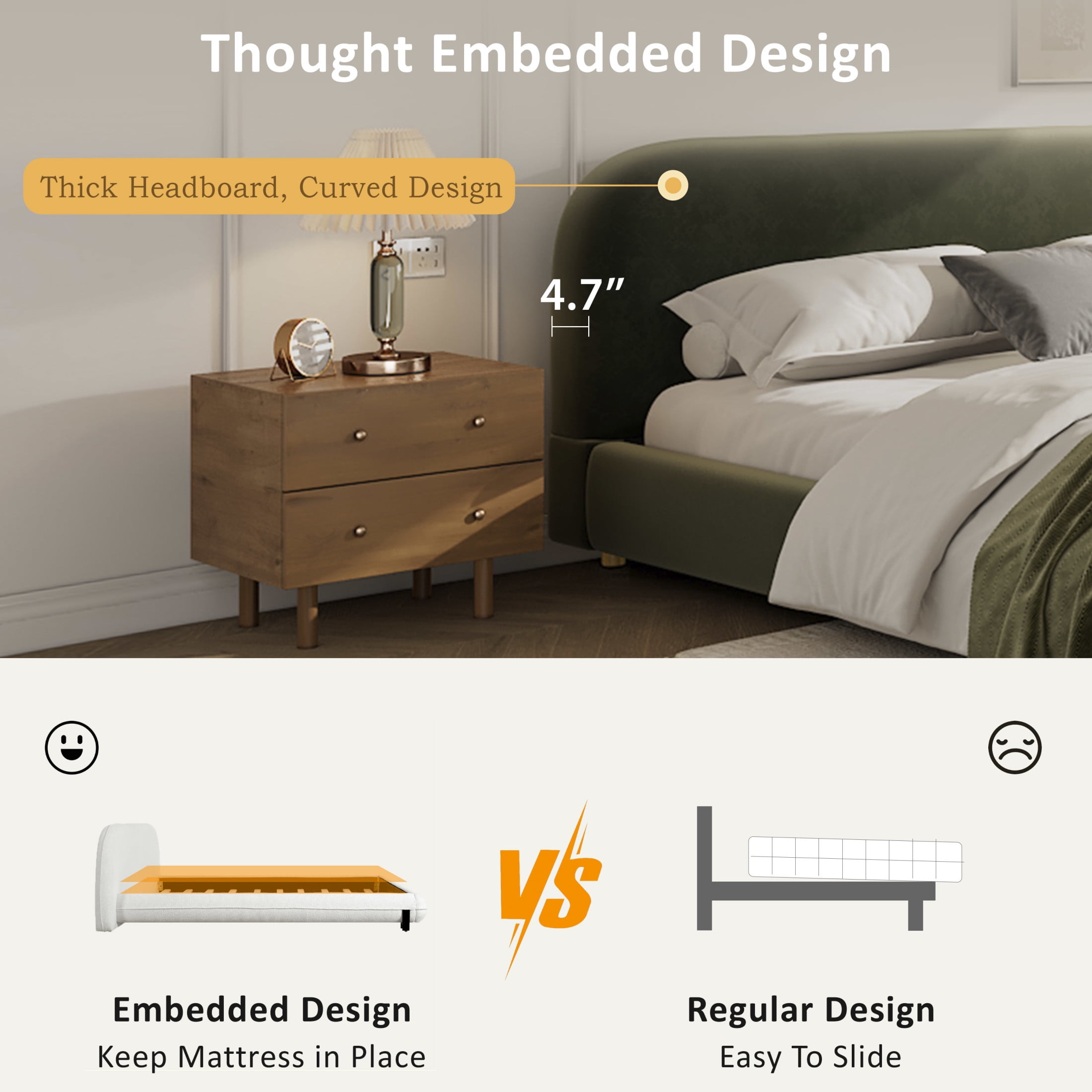 Christopher Knight Home King Platform Bed, Velvet Upholstered Frame with Curved Headboard, Olive Green - Image 4