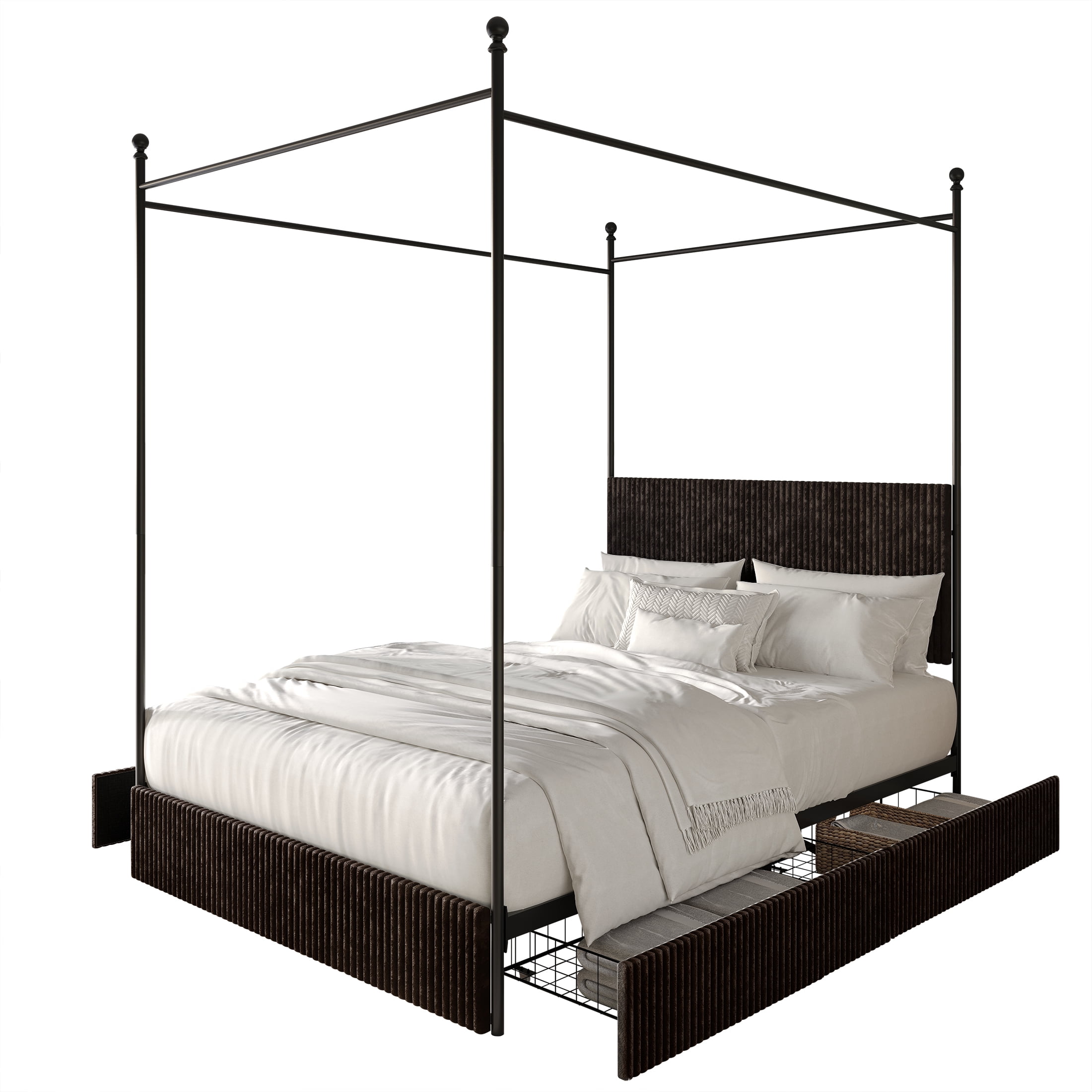 Castle Place Luxurious Corduroy Velvet King Metal Platform Bed with 4 Storage Drawers, Brown - Image 4