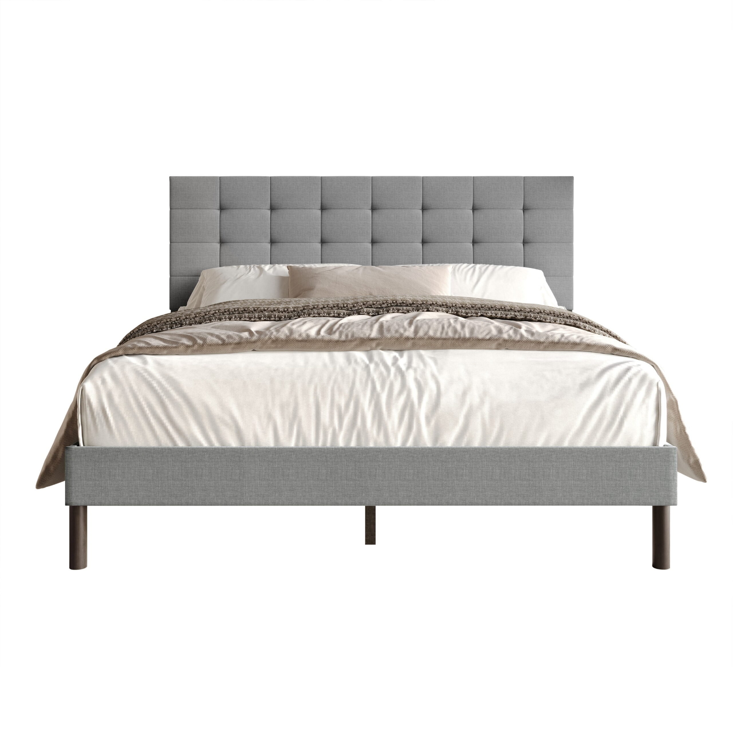 Home Design Haines Twin Linen Upholstered Panel Bed Frame with Rectangular Tufted Headboard & Sturdy Wooden Legs, Gray, Easy Assembly - Image 2