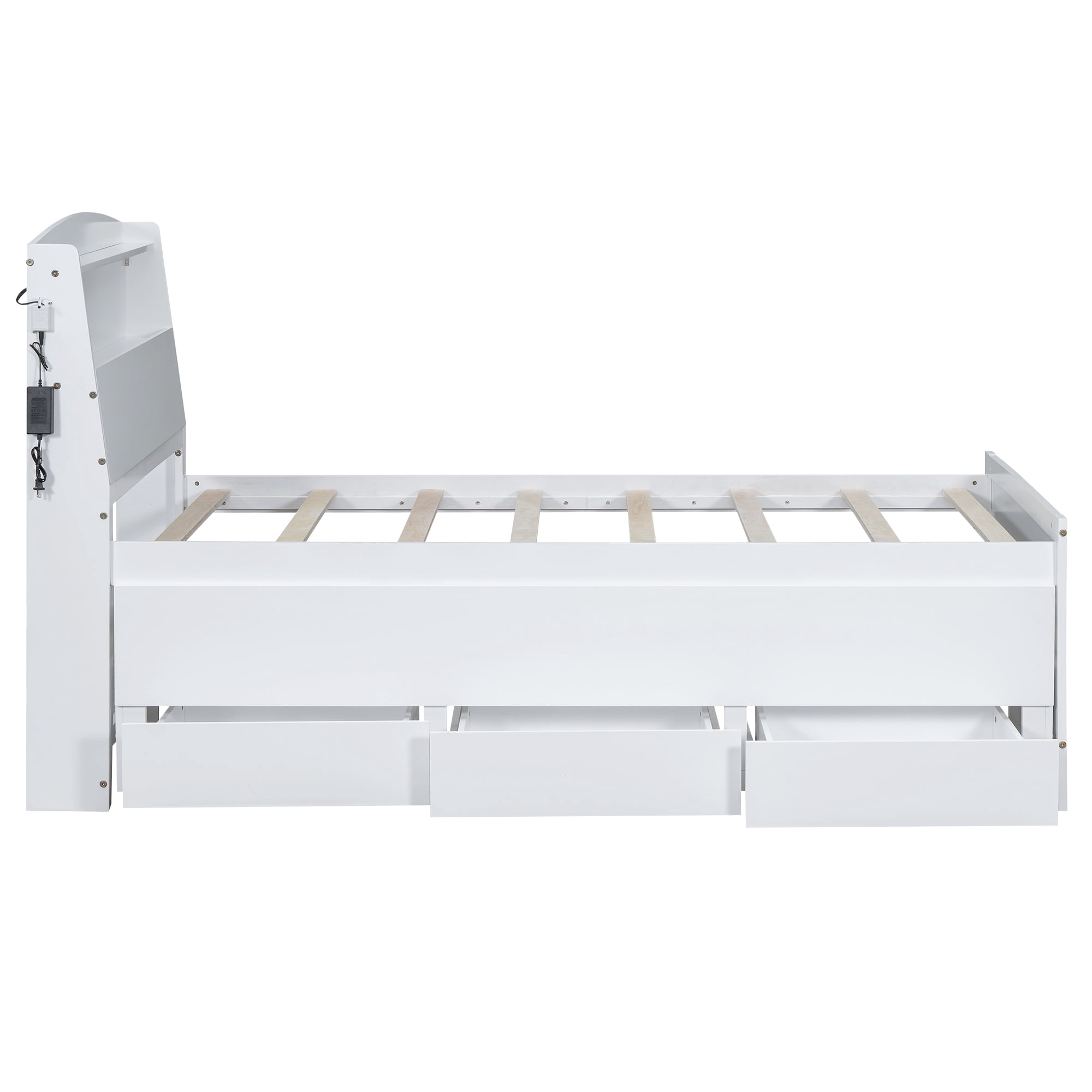 Euroco Wood Twin Size Platform Bed with Storage Headboard, Drawers Trundle and LED Light, White - Image 4