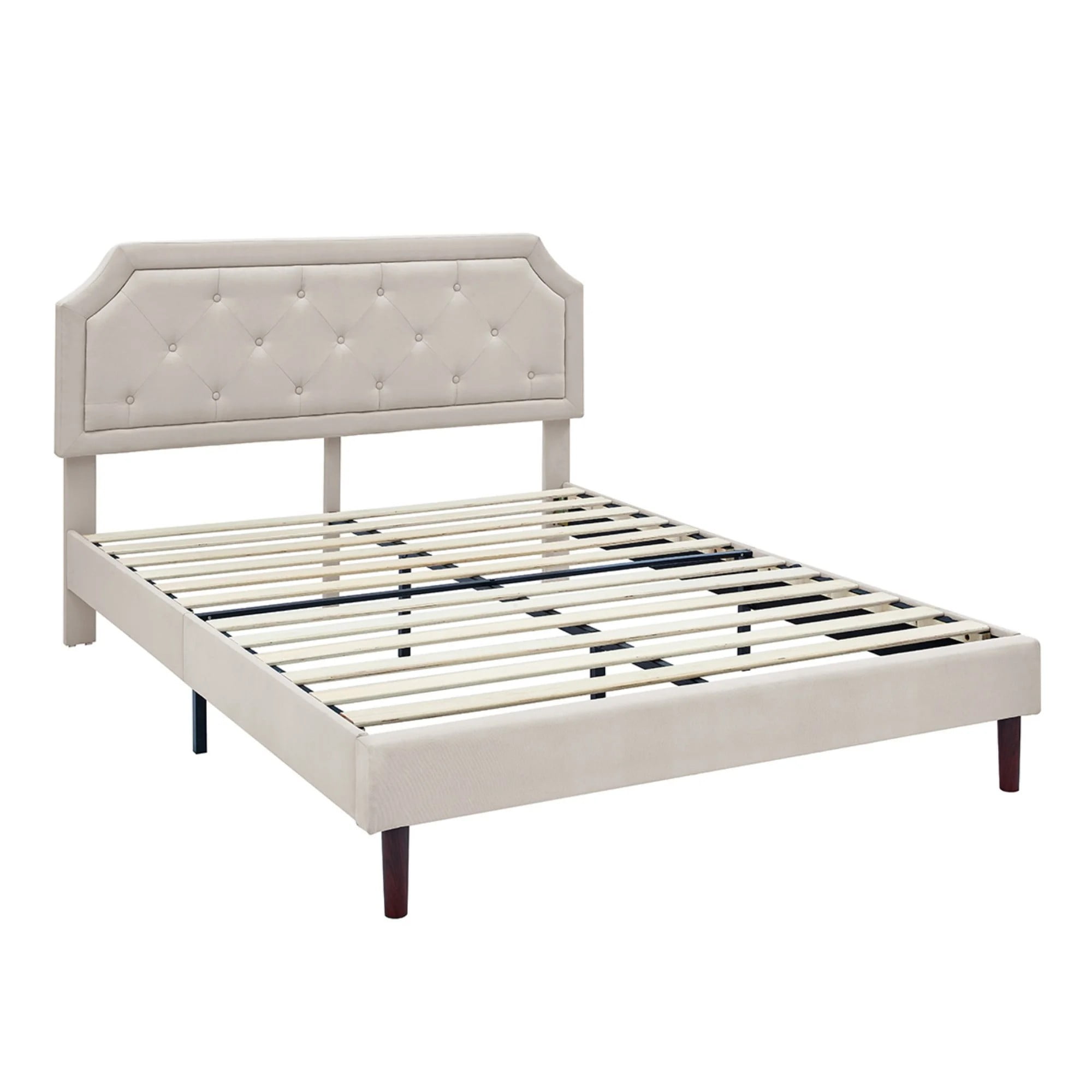 AENKYO Queen Upholstered Platform Bed Frame, Button Tufted Faux Linen Headboard, Wood Slat Support, Beige - Image 3