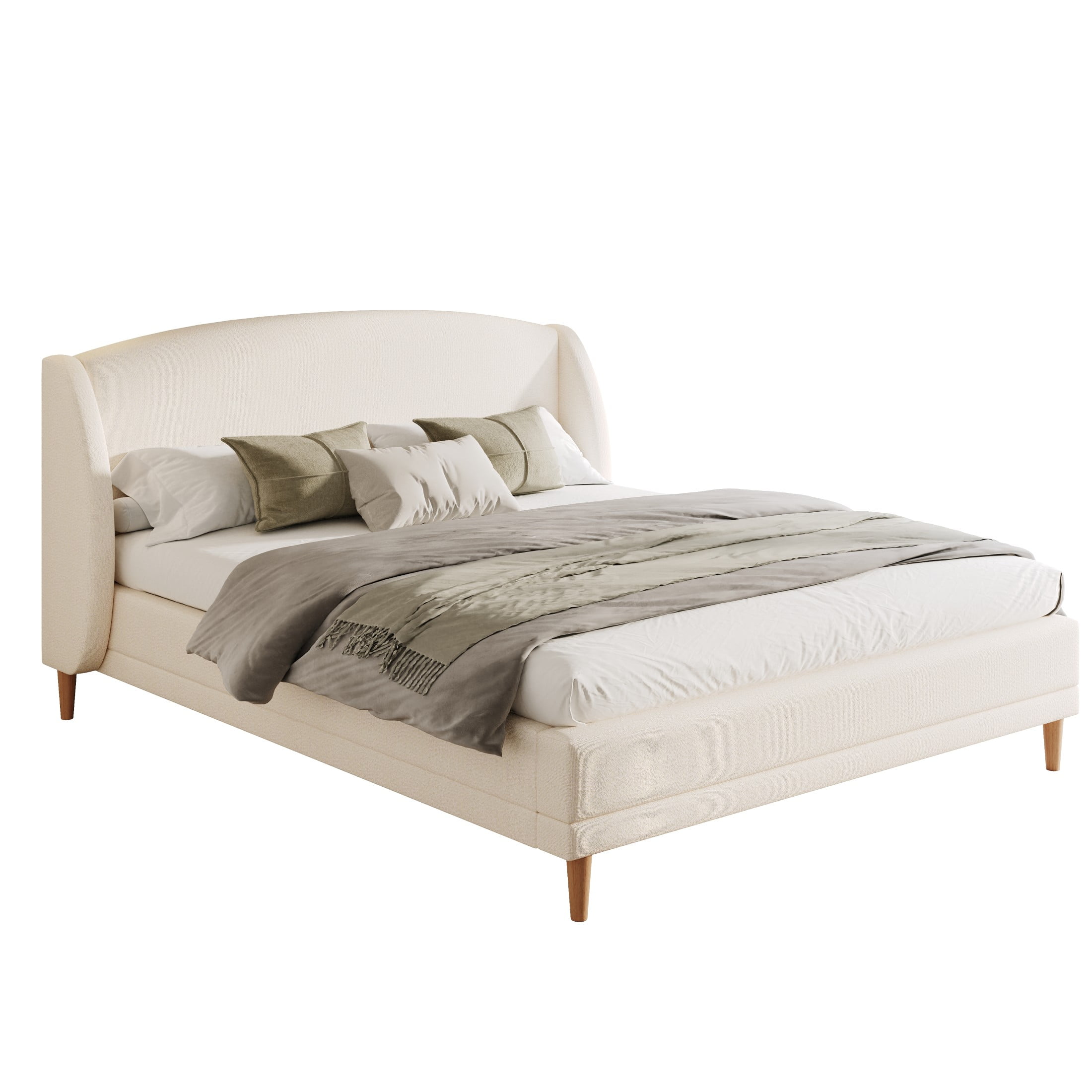 Carys Modern King Boucle Upholstered Bed, Platform Bed with Wingback Headboard, White - Image 2