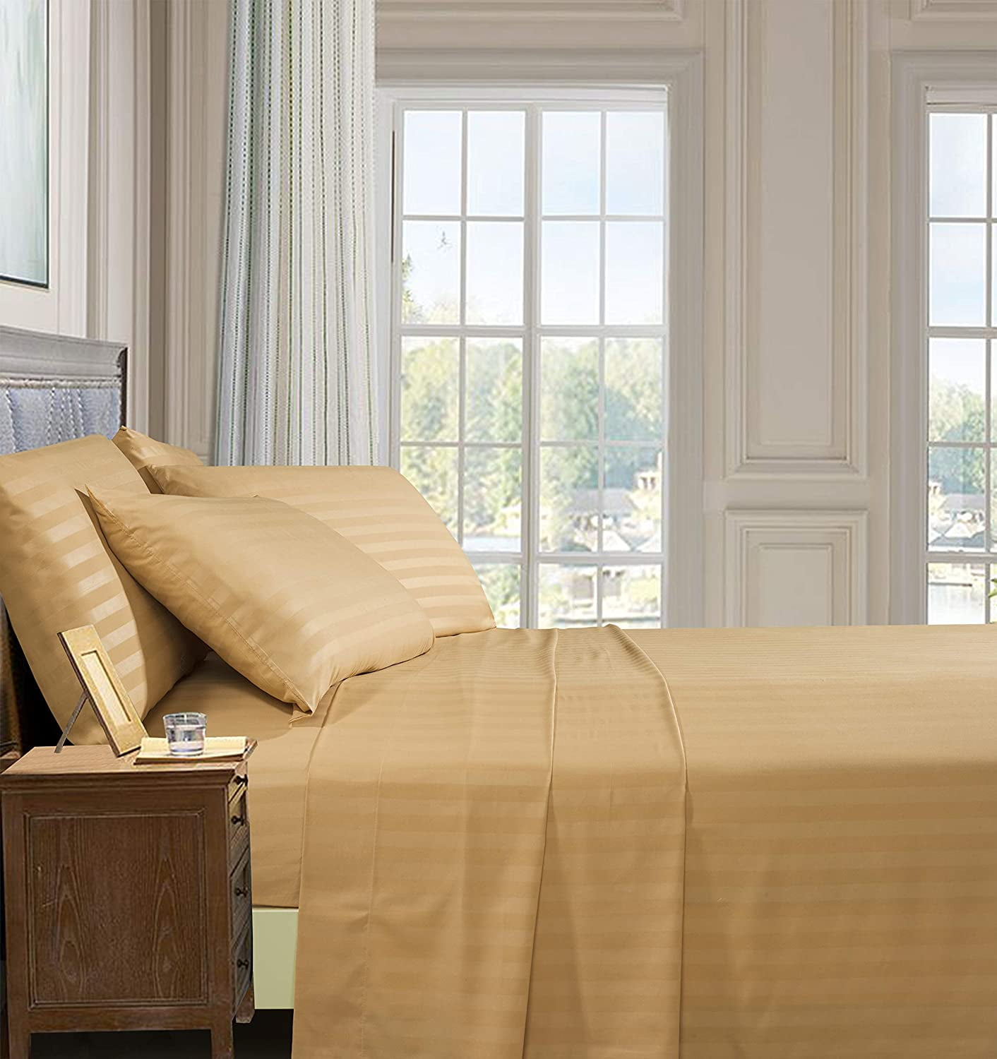 Elegant Comfort 6 Piece Bed Sheets Polyester Full Stripe Medallion Gold Stripe Sheet Set - Image 2