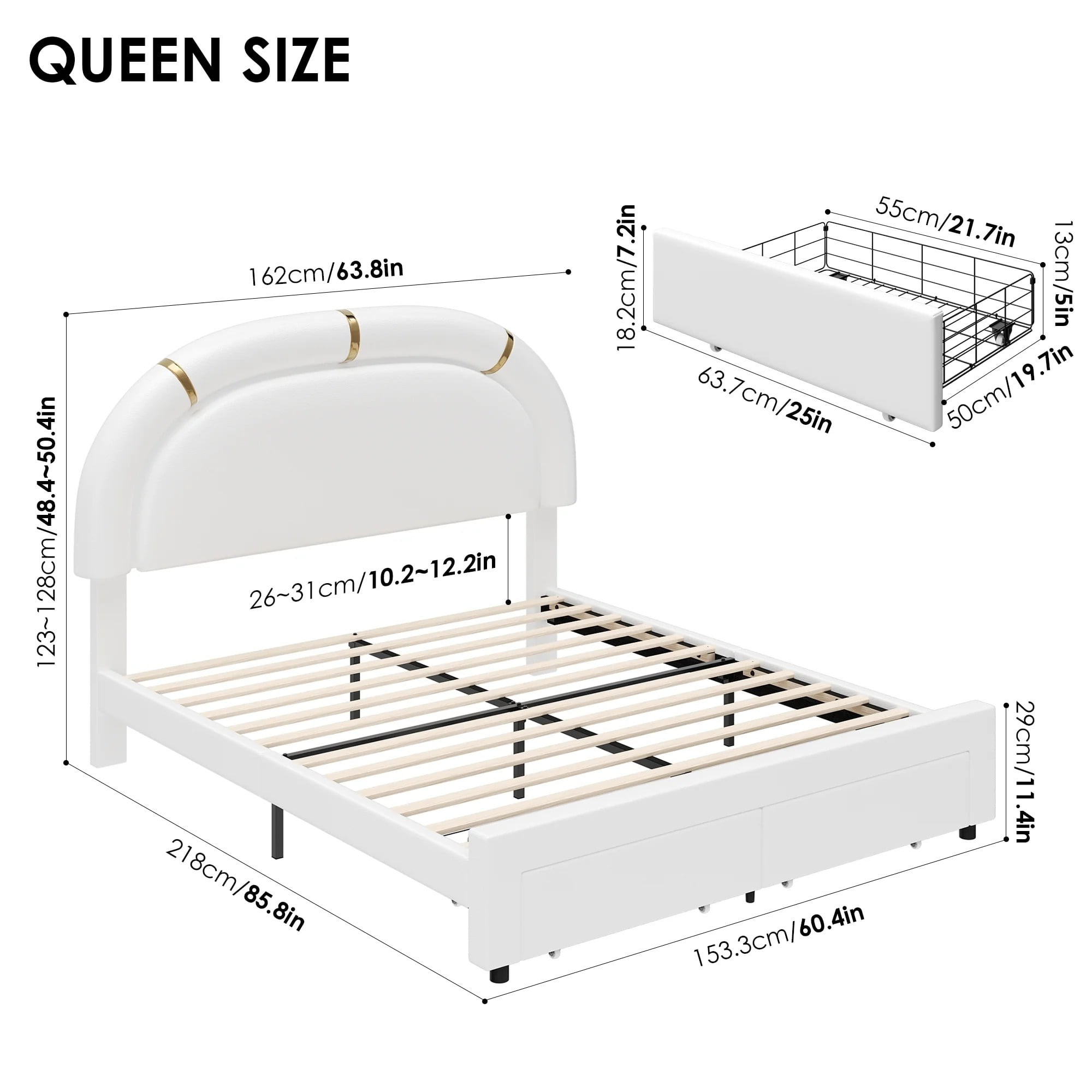 COMHOMA Queen Bed Frame with LED & 2 Storage Drawer, Modern Adjustable Headboard Faux Leather Upholstered Platform Bed, White - Image 7