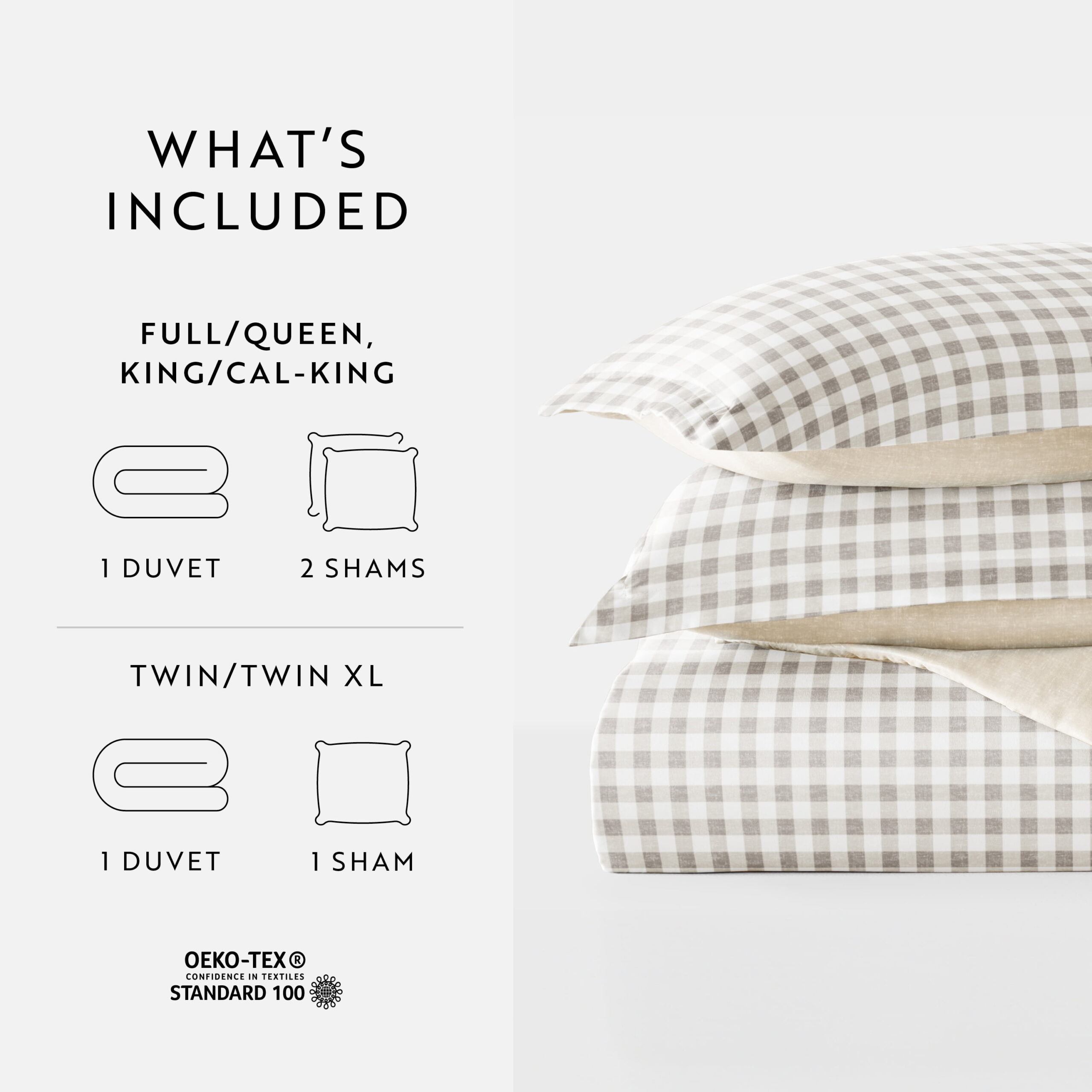 Noble Linens Gingham Check Natural 3-Piece Patterned Duvet Cover Set, Queen - Image 3