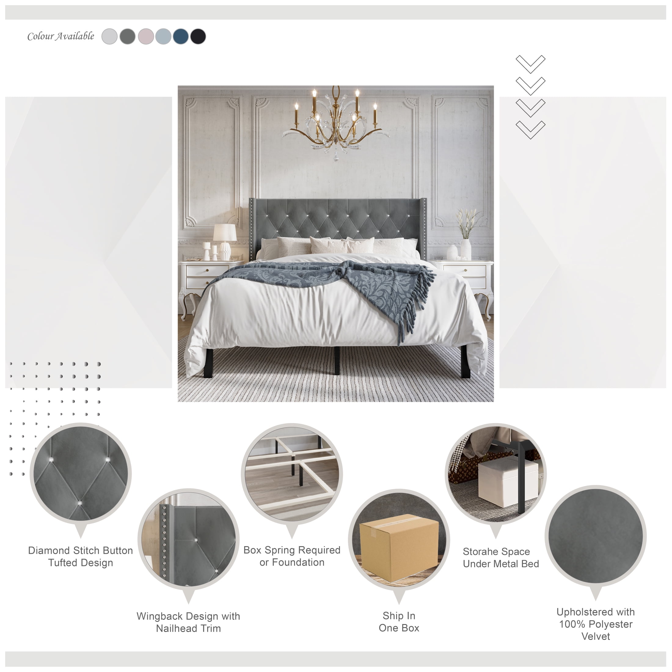 Castle Place Button Tufted Wingback Velvet Upholstered Bed, Black, Queen - Image 5