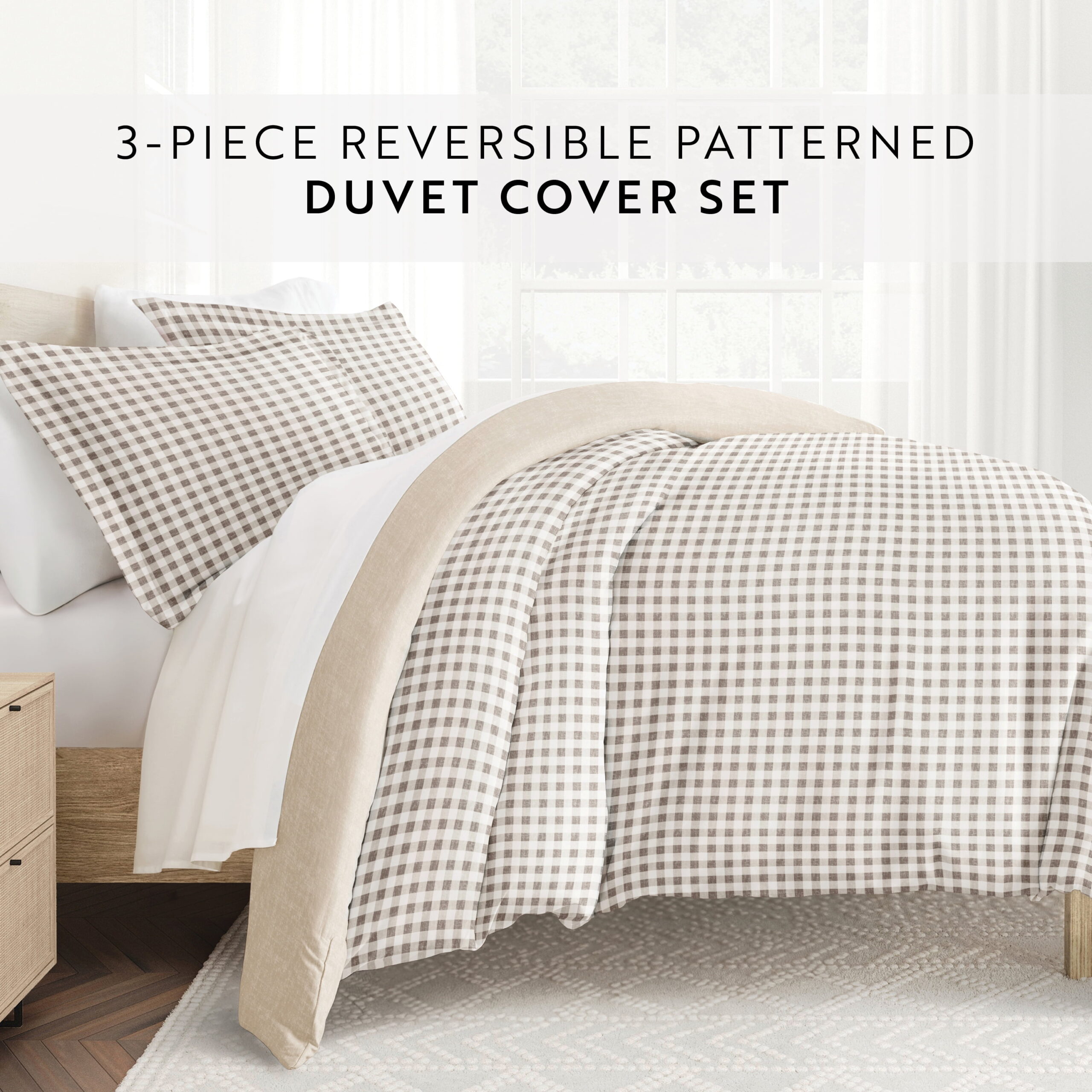 Noble Linens Gingham Check Natural 3-Piece Patterned Duvet Cover Set, Queen - Image 2