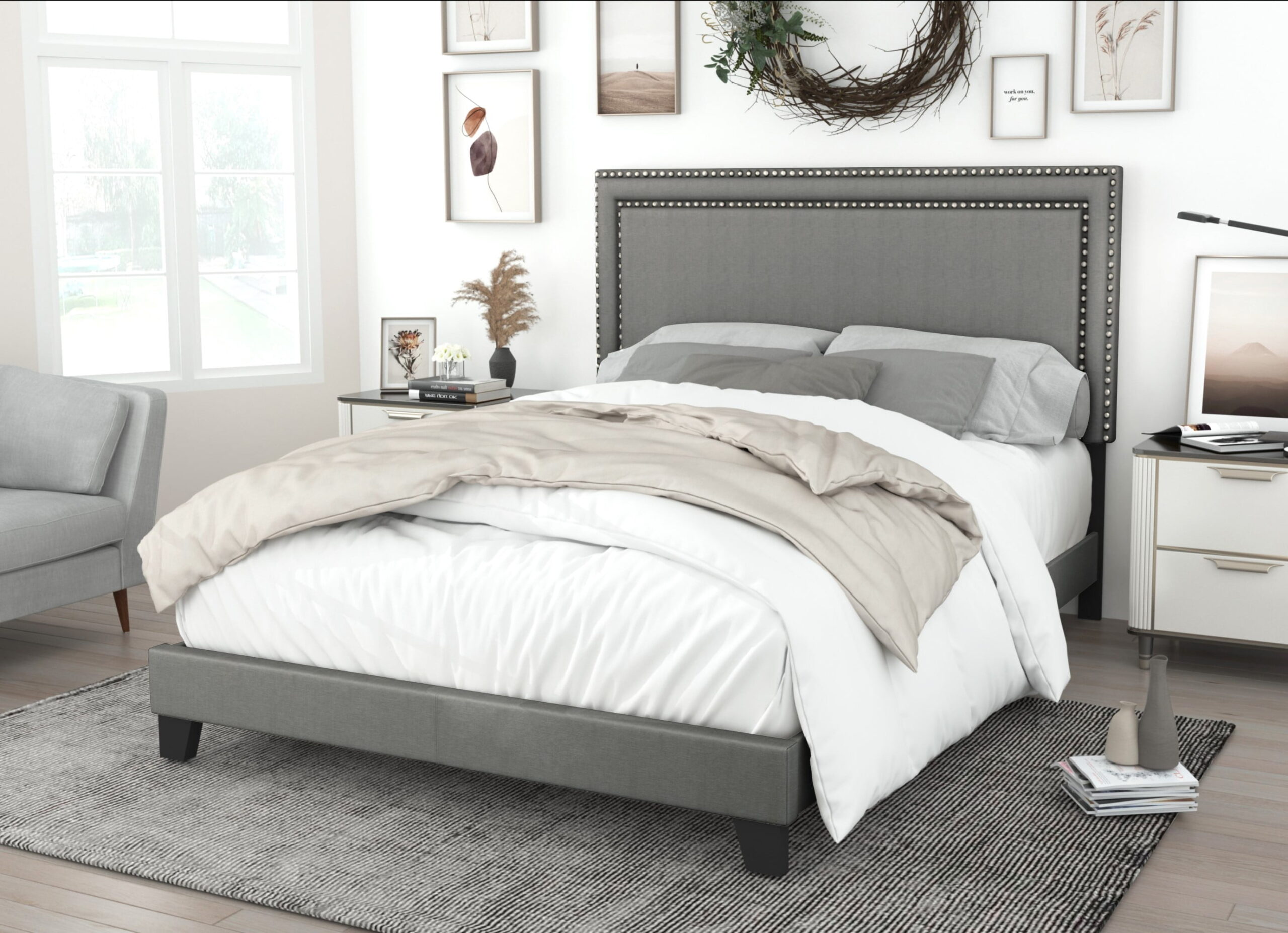 Home Design Ocala King Upholstered Panel Bed Frame with Padded Headboard and Sturdy Support, Gray, Easy Assembly - Image 2