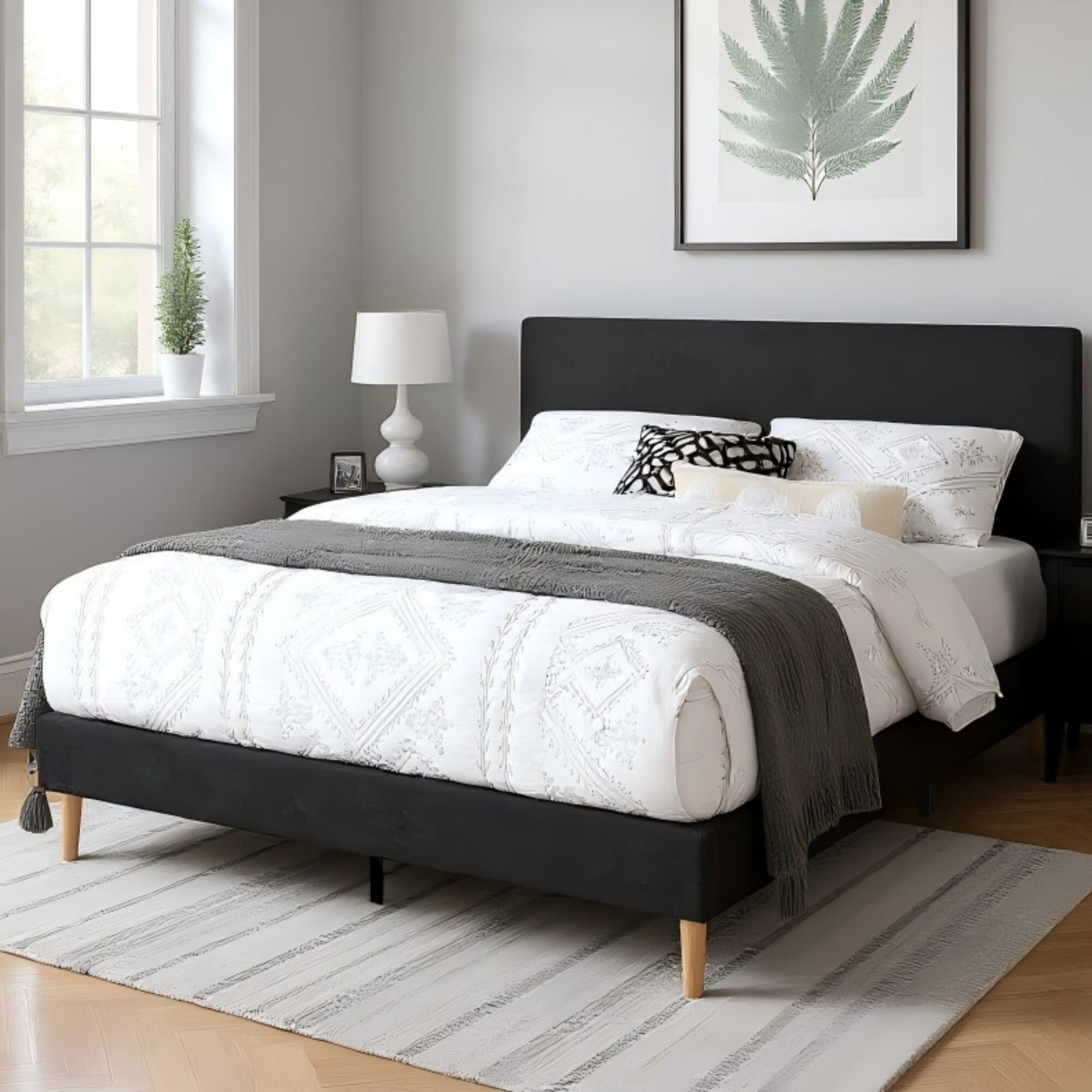AENKYO King Size Upholstered Platform Bed Frame with Soft Teddy Velvet Headboard, No Box Spring Needed, Black - Image 3