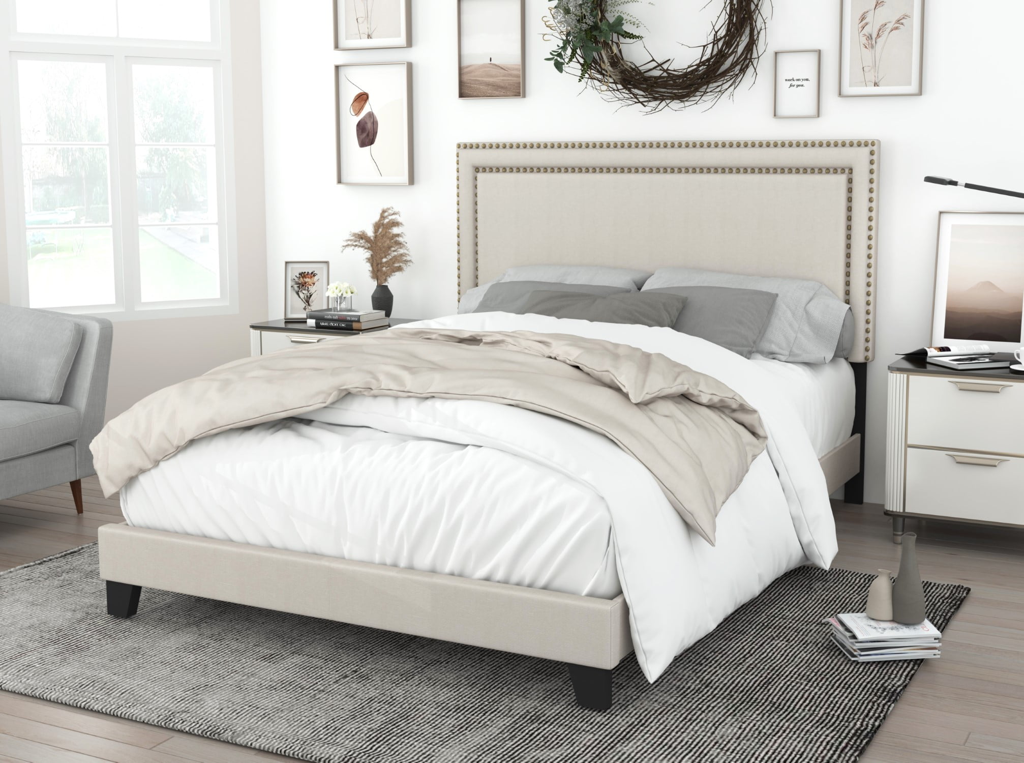 Home Design Adam Queen Upholstered Panel Bed Frame with Nailhead Trim and Padded Headboard, Beige, Easy assembly - Image 3