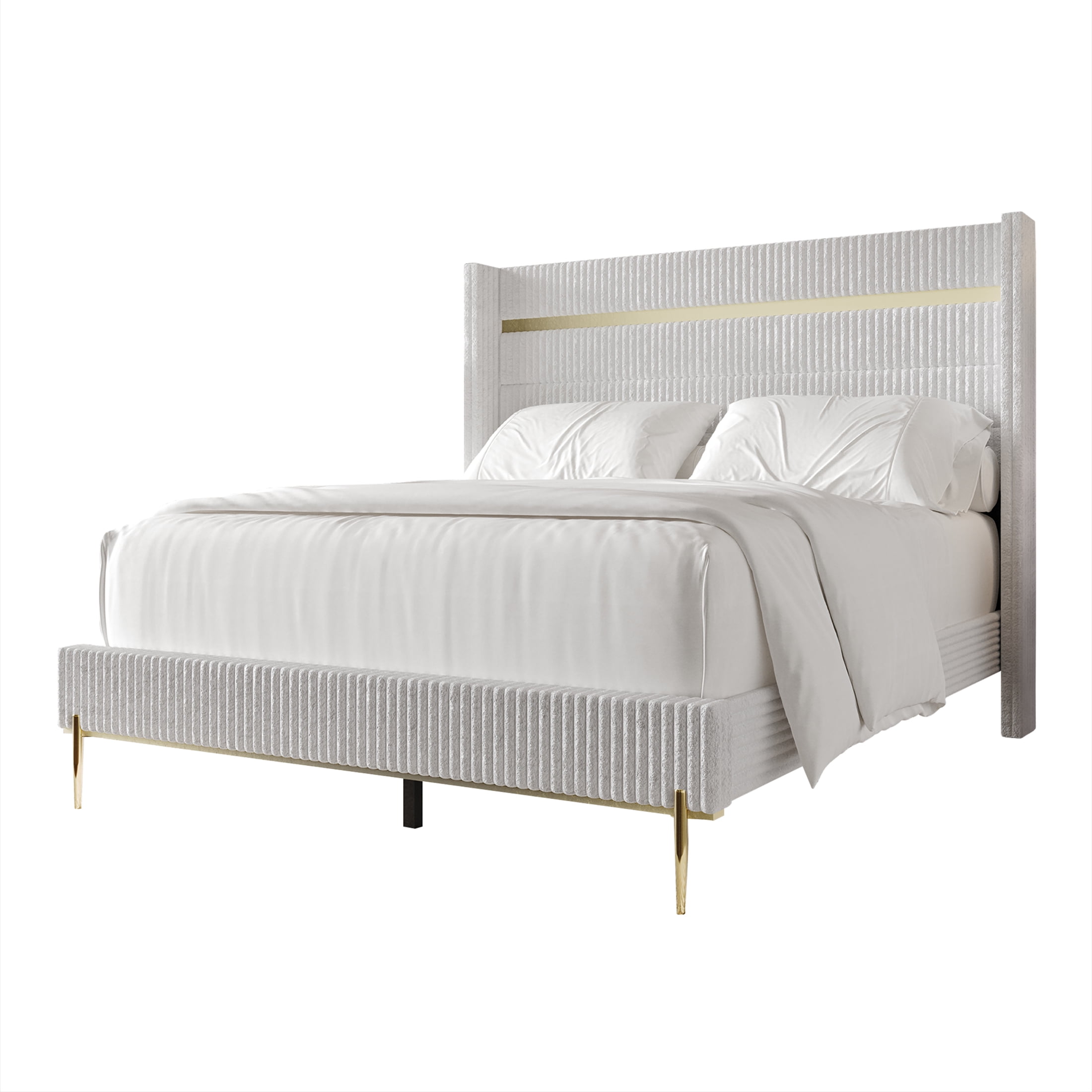 Castle Place Corduroy Gold PU Strip Wingback Upholstered Queen Bed, White - Image 2