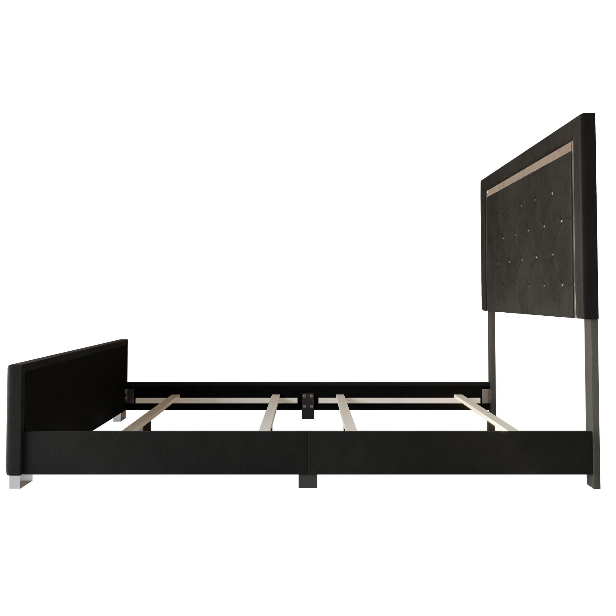 Home Design Toccoa Queen Upholstered Panel Bed Frame with Diamond Button-Tufted Headboard and Silver Metal Accents, Black, Easy Assembly - Image 7