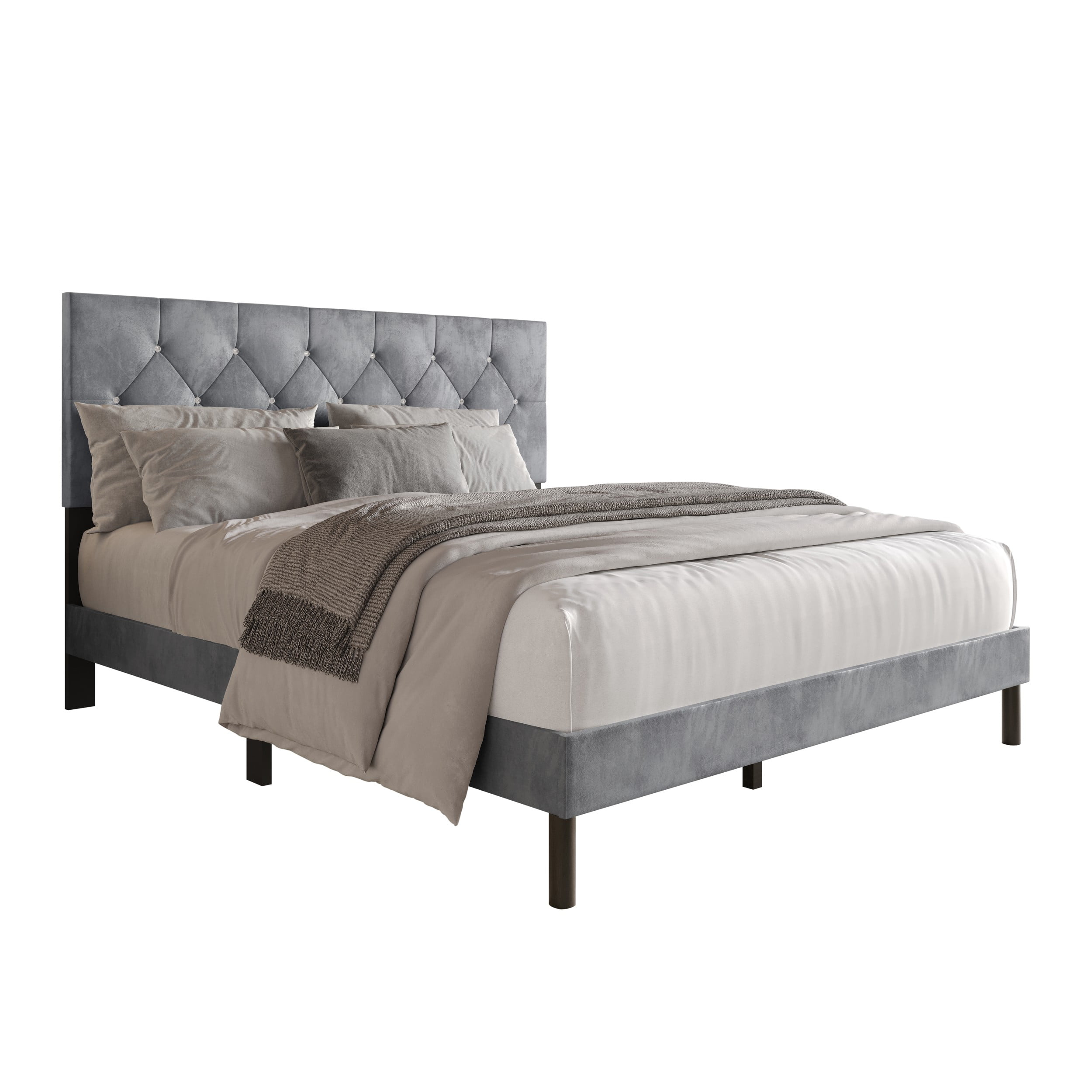 Home Design Groton Twin Tufted Velvet Upholstered Panel Bed Frame with Button-Tufted Headboard & Wingback Design, Silver Gray, Easy Assembly - Image 4