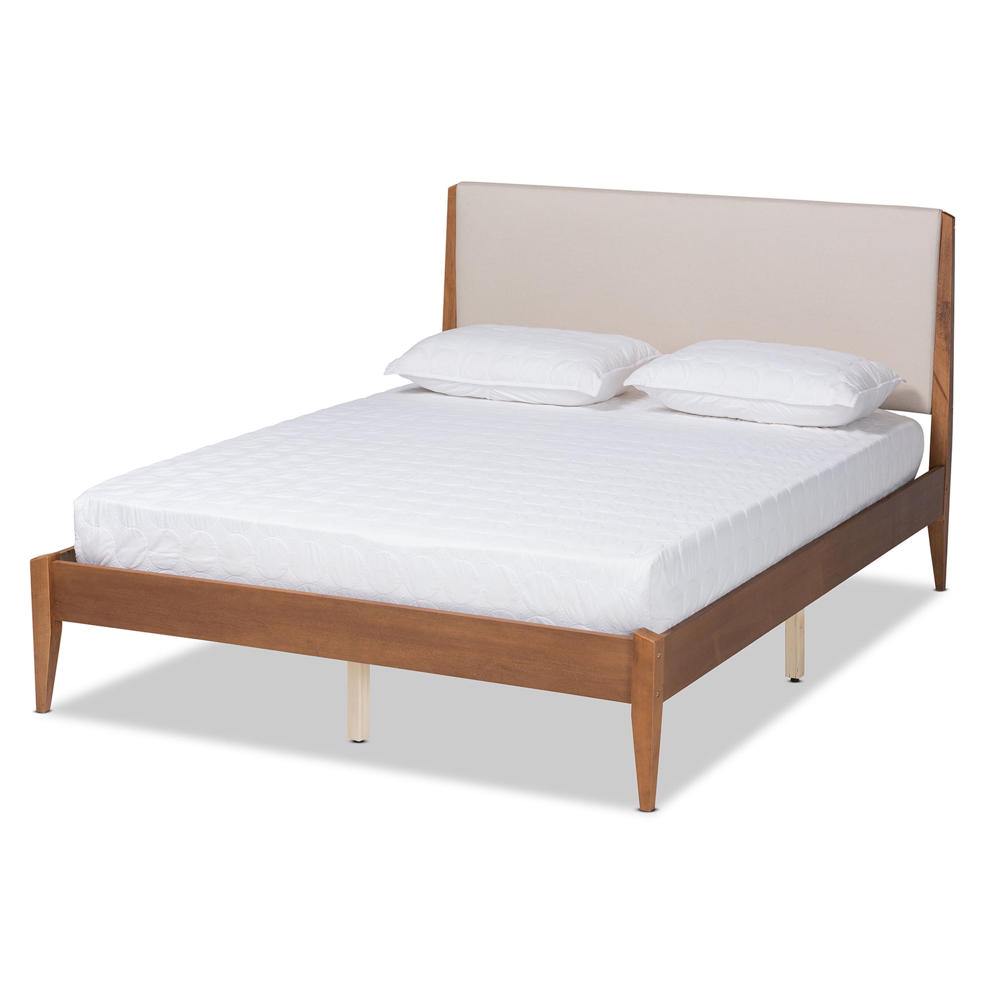 Baxton Studio Lenora Mid-Century Modern Beige Fabric Upholstered and Walnut Brown Finished Wood Queen Size Platform Bed - Image 2
