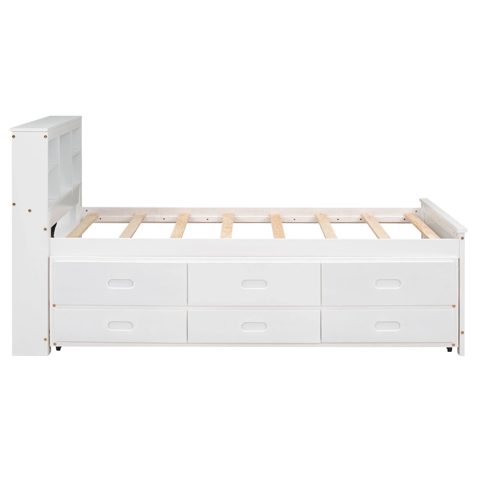 Euroco Wood Twin Size Platform Bed with Storage Headboard, Trundle Bed and 3 Drawers, USB Charging and Shleves for Kids Teens, White - Image 7