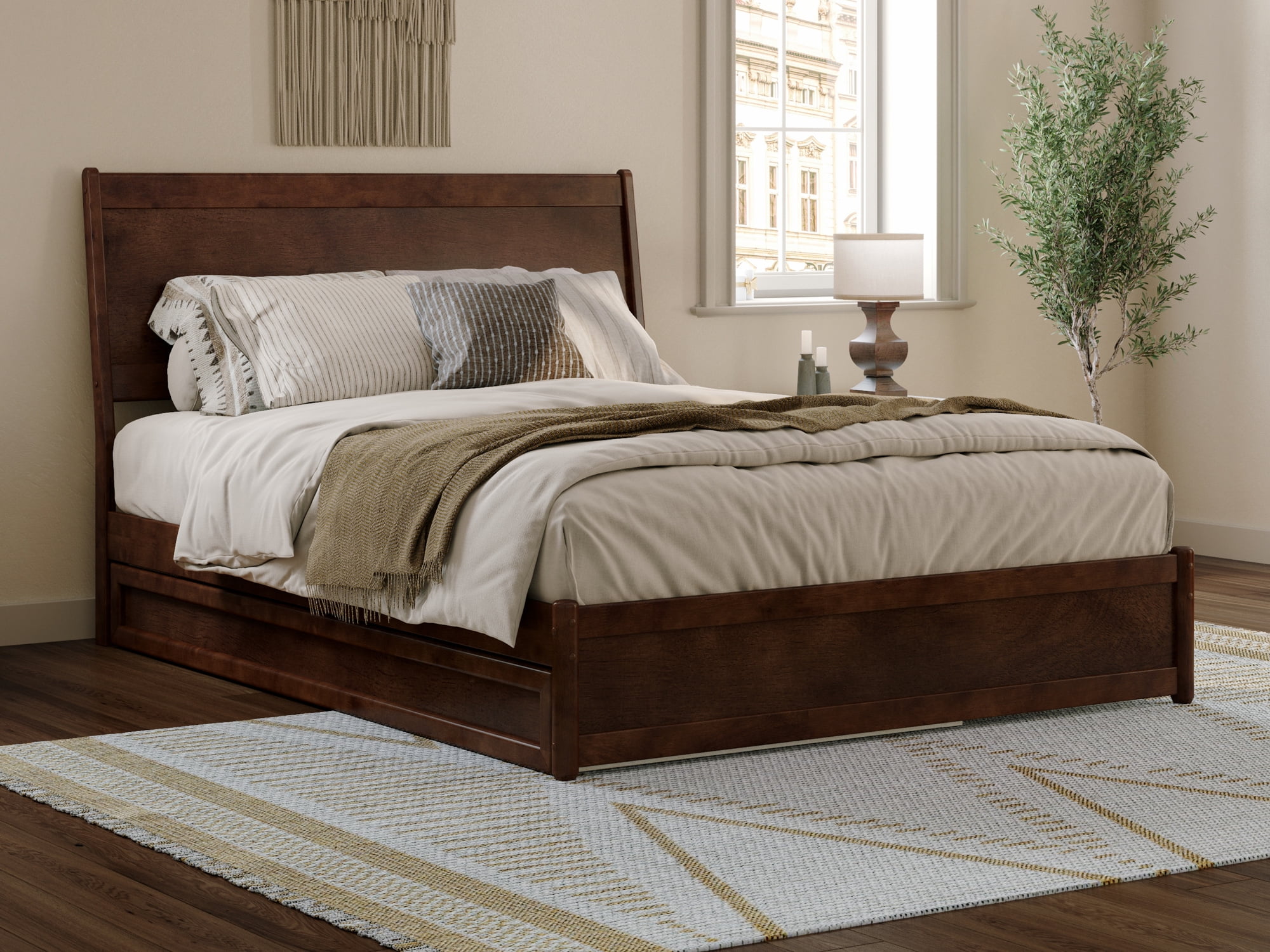 AFI Casanova Queen Wood Platform Bed with Panel Footboard and Twin-XL Trundle, Walnut - Image 3