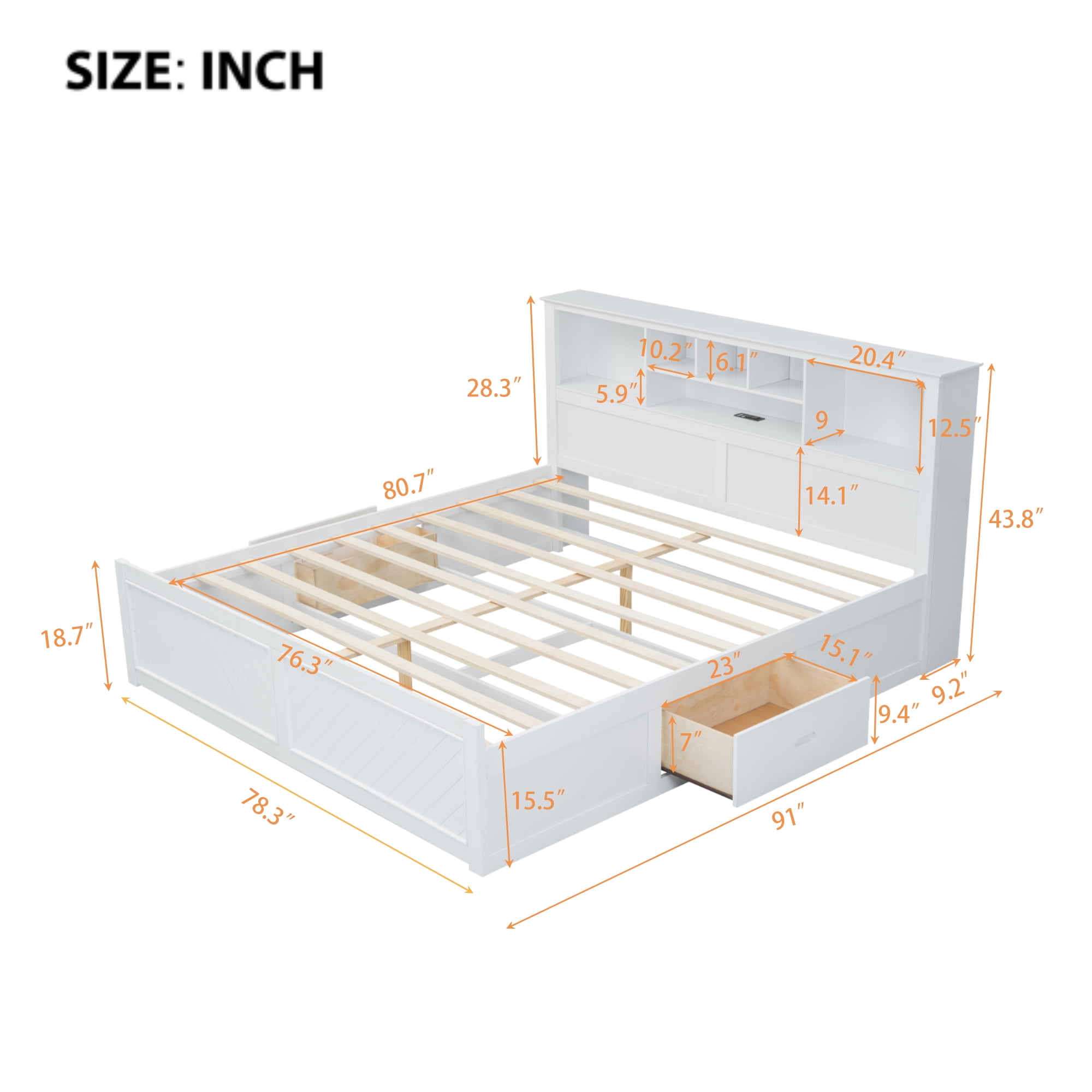 Euroco Wood King Size Platform Bed with Storage Headboard, Drawers and USB Charging Station, White - Image 4