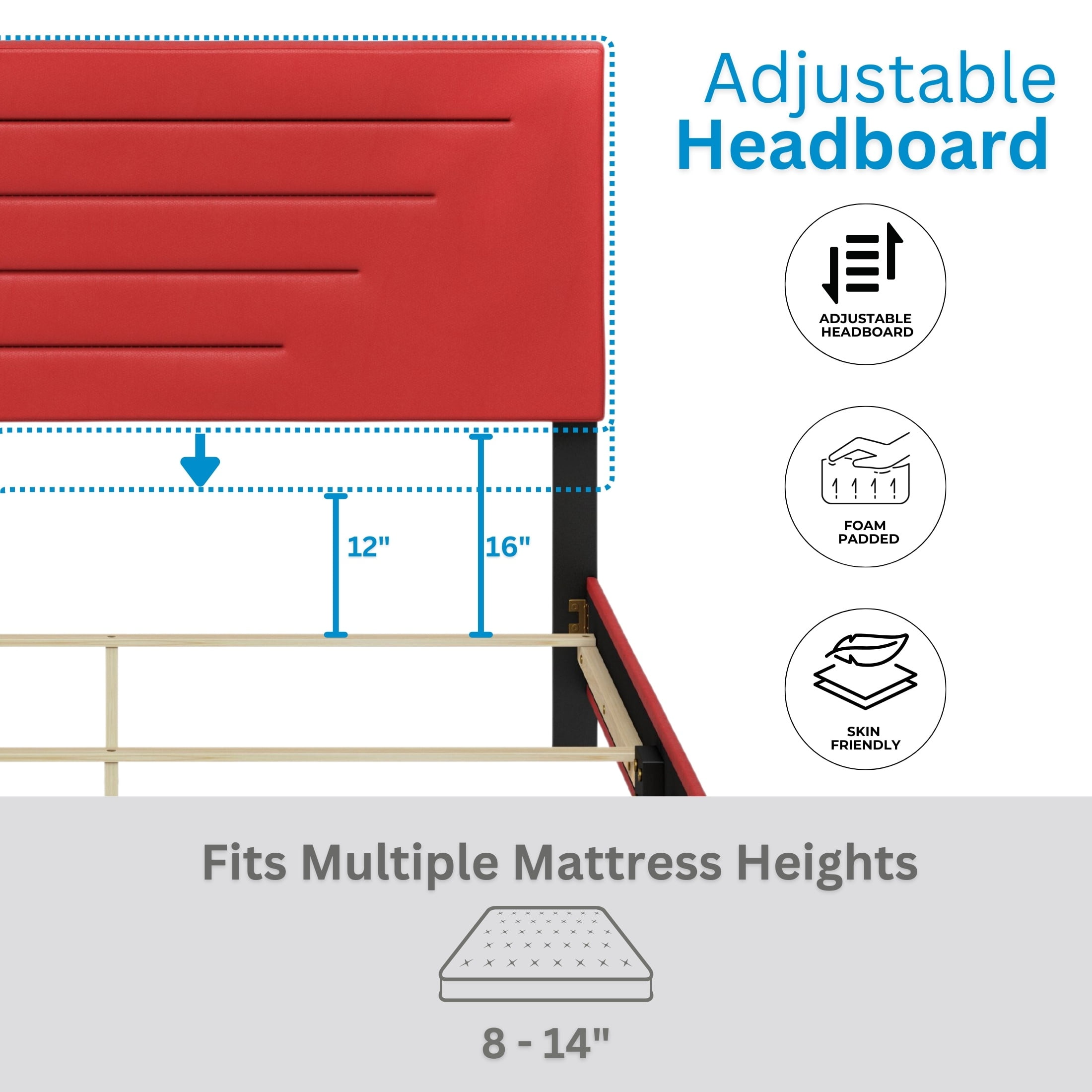 Boyd Sleep Luxembourg Red Faux Leather Queen Size Fully Upholstered Platform Bed Frame with Adjustable Headboard, Qualified Box Spring or Foundation Required for Use - Image 3
