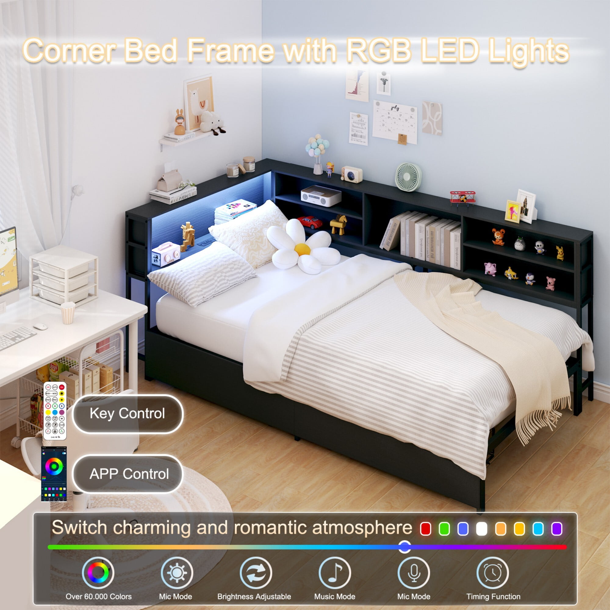 AENKYO Twin Size Corner Bed Frame with Charging Station, Smart LED Lights, Bookshelf Headboard & 2 Drawers, Black - Image 3