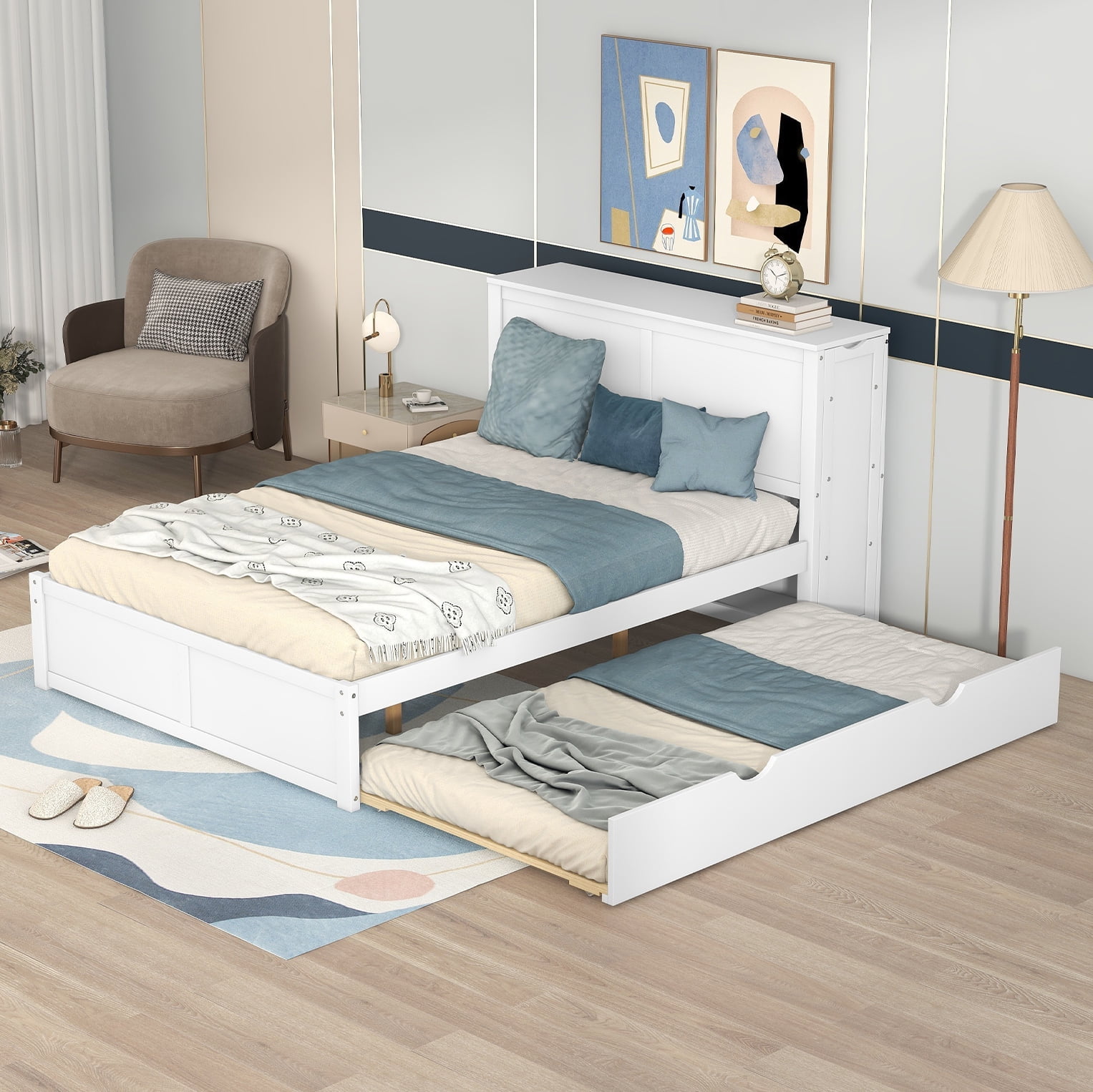 Euroco Full Size Wood Platform Bed with Trundle, Flexible 4-Tier Shelf in Headboard for Kids, White - Image 3