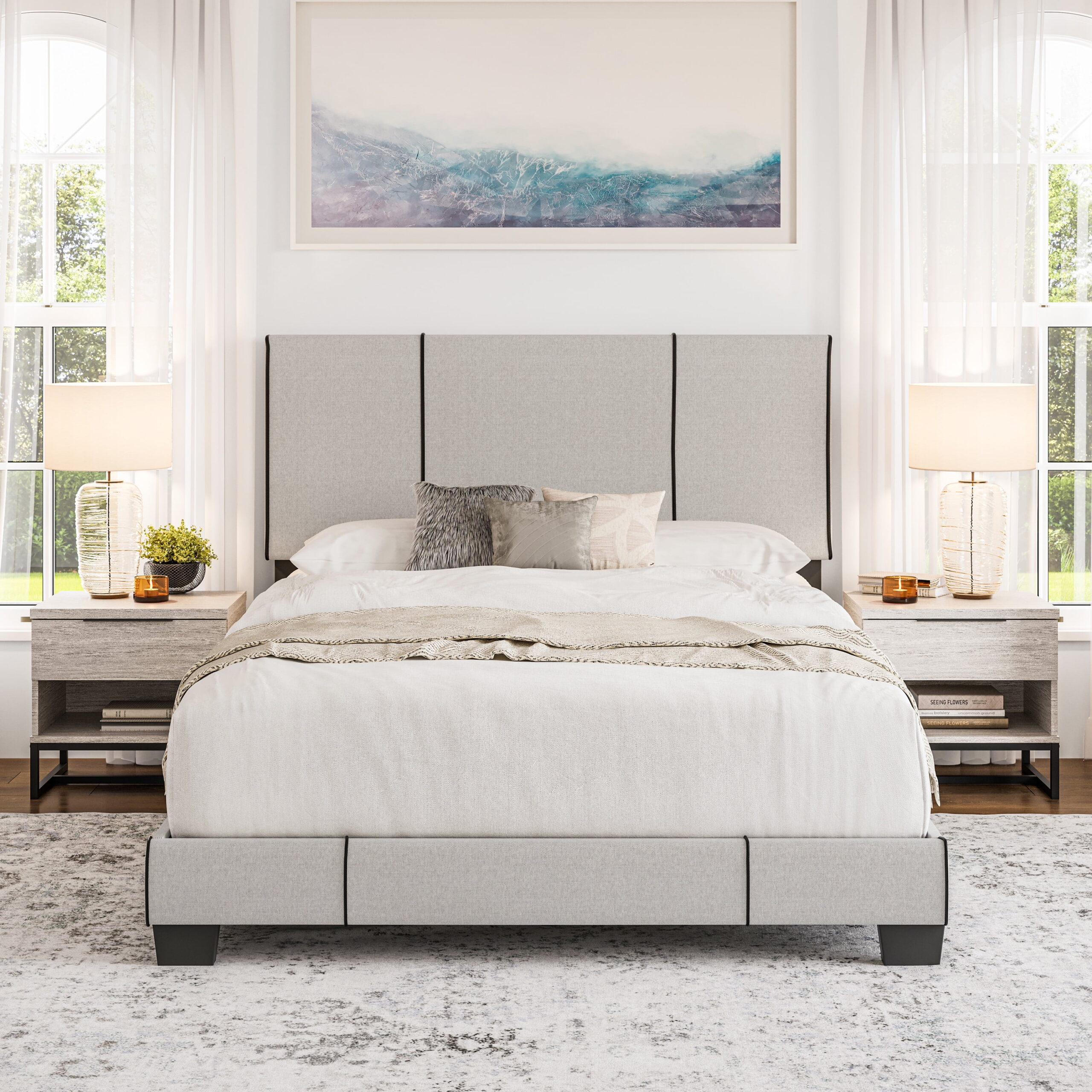 Boyd Sleep Lucena Off White Linen Queen Size Upholstered Platform Bed Frame with Adjustable Headboard, Qualified Box Spring or Foundation Required for Use - Image 4