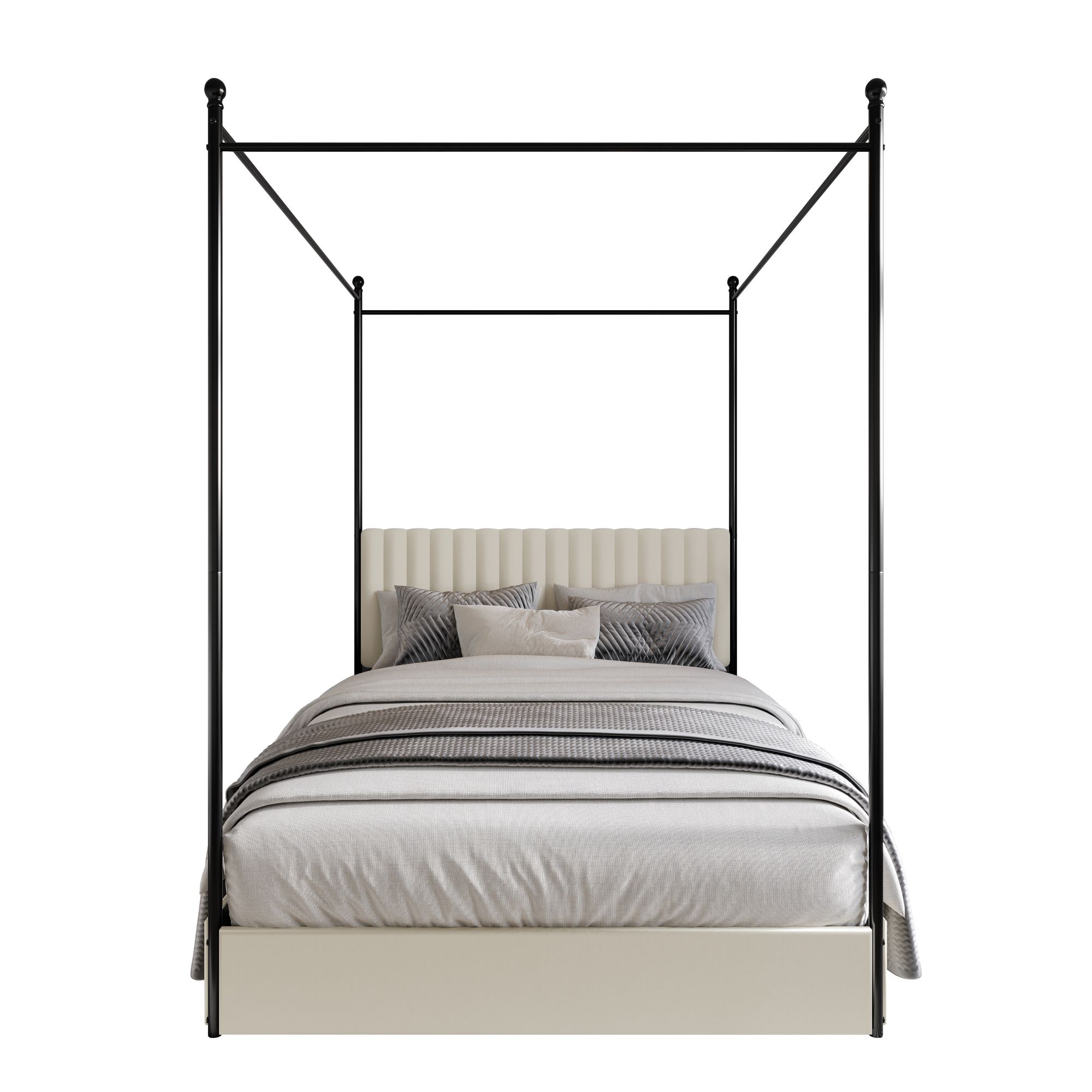 Home Design Passaic Queen Upholstered Metal Storage Canopy Bed Frame with Vertical-Channel Tufted Headboard and Four Under-Bed Drawers, Beige, Easy Assembly - Image 3