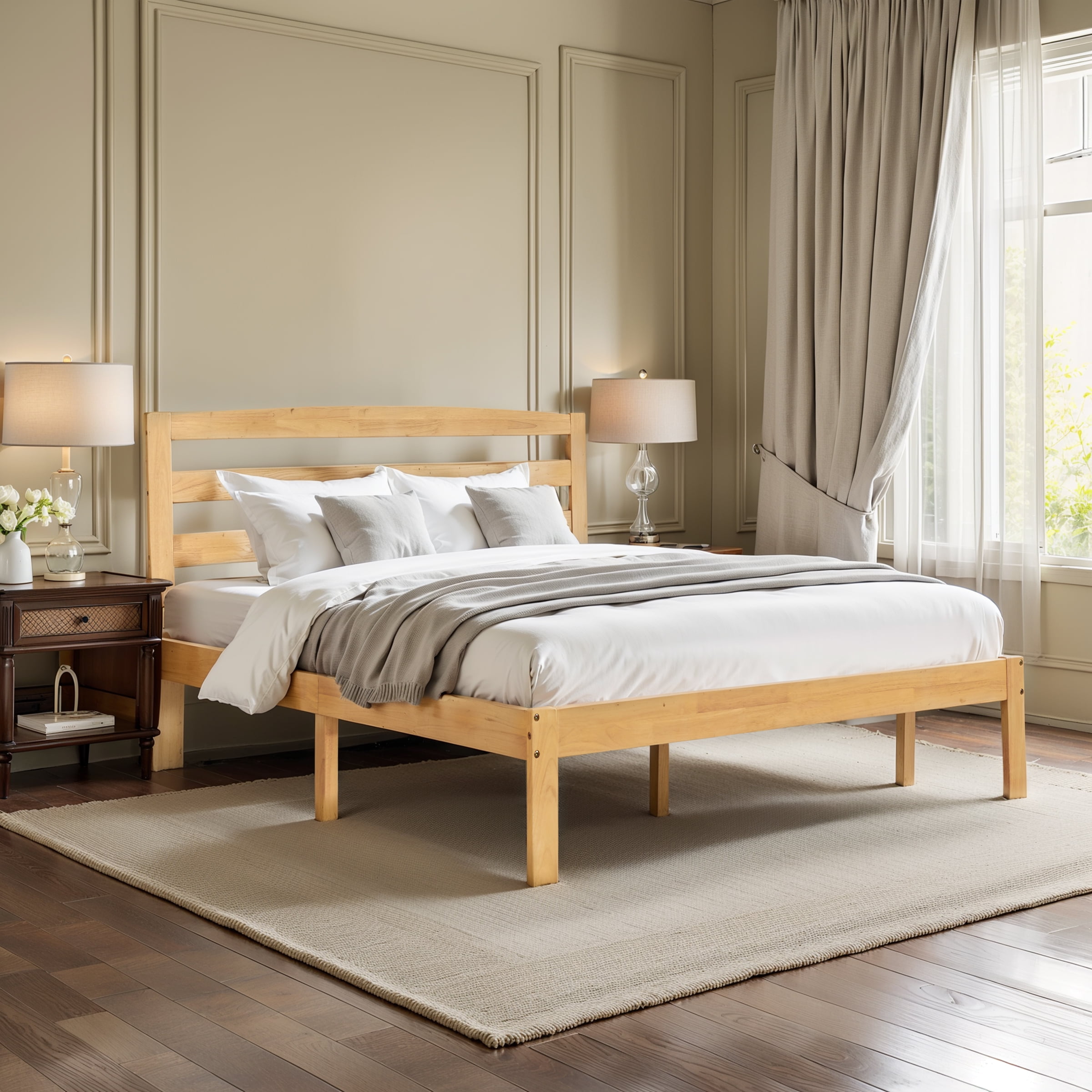 Queen Wood Bed Frame with Headboard, Solid Wood Platform, Quiet & Stable, No Box Spring, Natural - Image 3