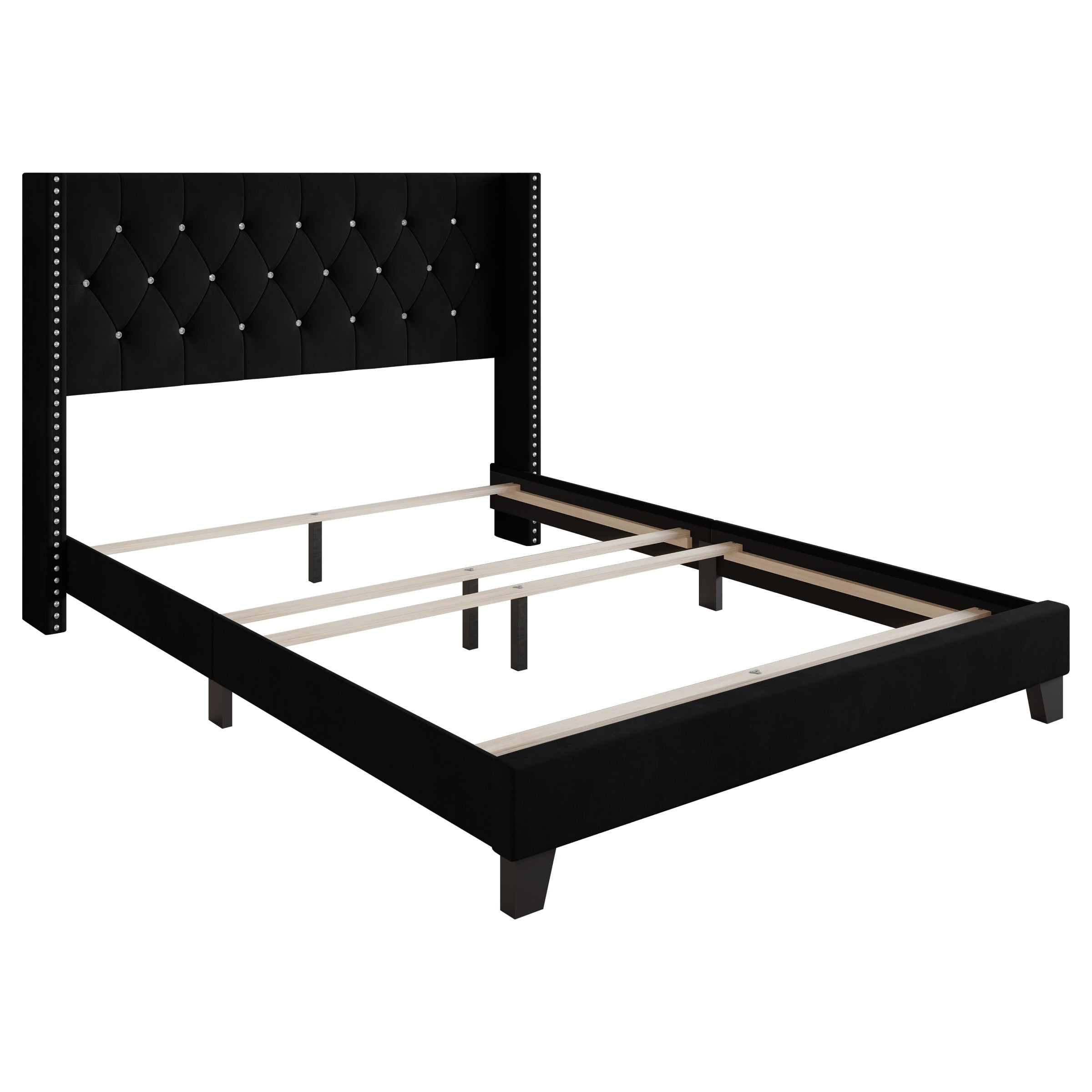 Home Design Monroe Queen Tufted Upholstered Wingback Panel Bed Frame with Diamond Tufting and Nailhead Trim for Adult Bedroom, Black - Image 7